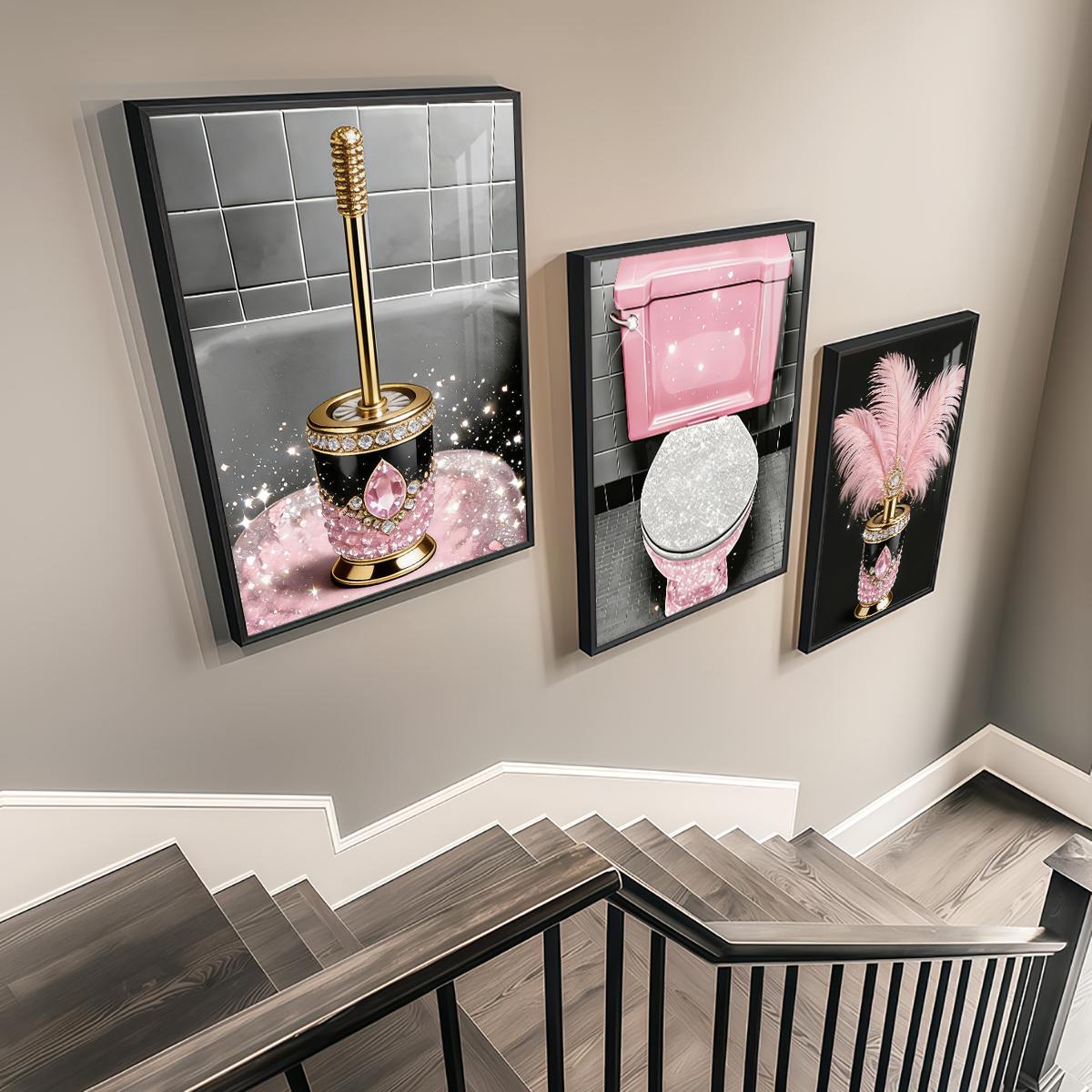 3 Counts Aluminum Alloy Framed Painting, Luxury Pink Diamond Feather Toilet Brush Set Pictures, Home Decoration For Living Room, Bedroom, Office, Restaurant, Hallway Wall Decor, Odorless Print Artwork, Luxury Perfect Gift For Friends And Family
