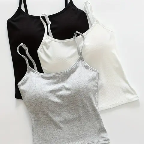 Women's Solid Ribbed Crop Cami Top With Padding, Casual Sleeveless for Daily Wear,All Seasons,Runs Small, Asian Women's Size