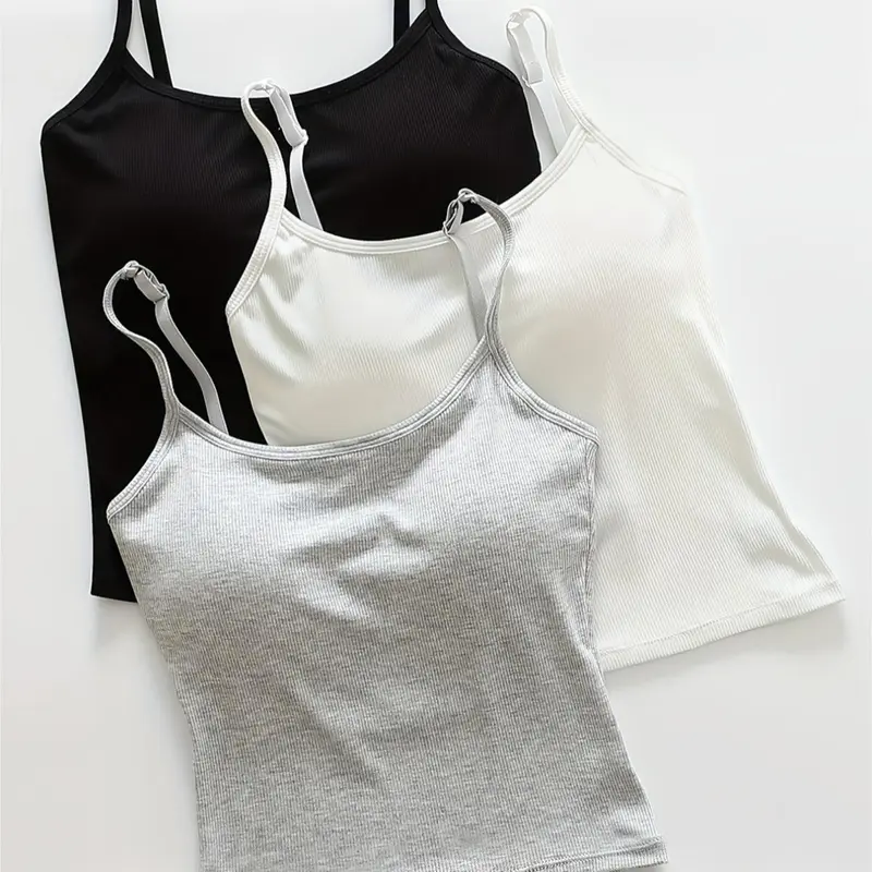 Women's Solid Ribbed Crop Cami Top With Padding, Casual Sleeveless for Daily Wear,All Seasons,Runs Small, Asian Women's Size