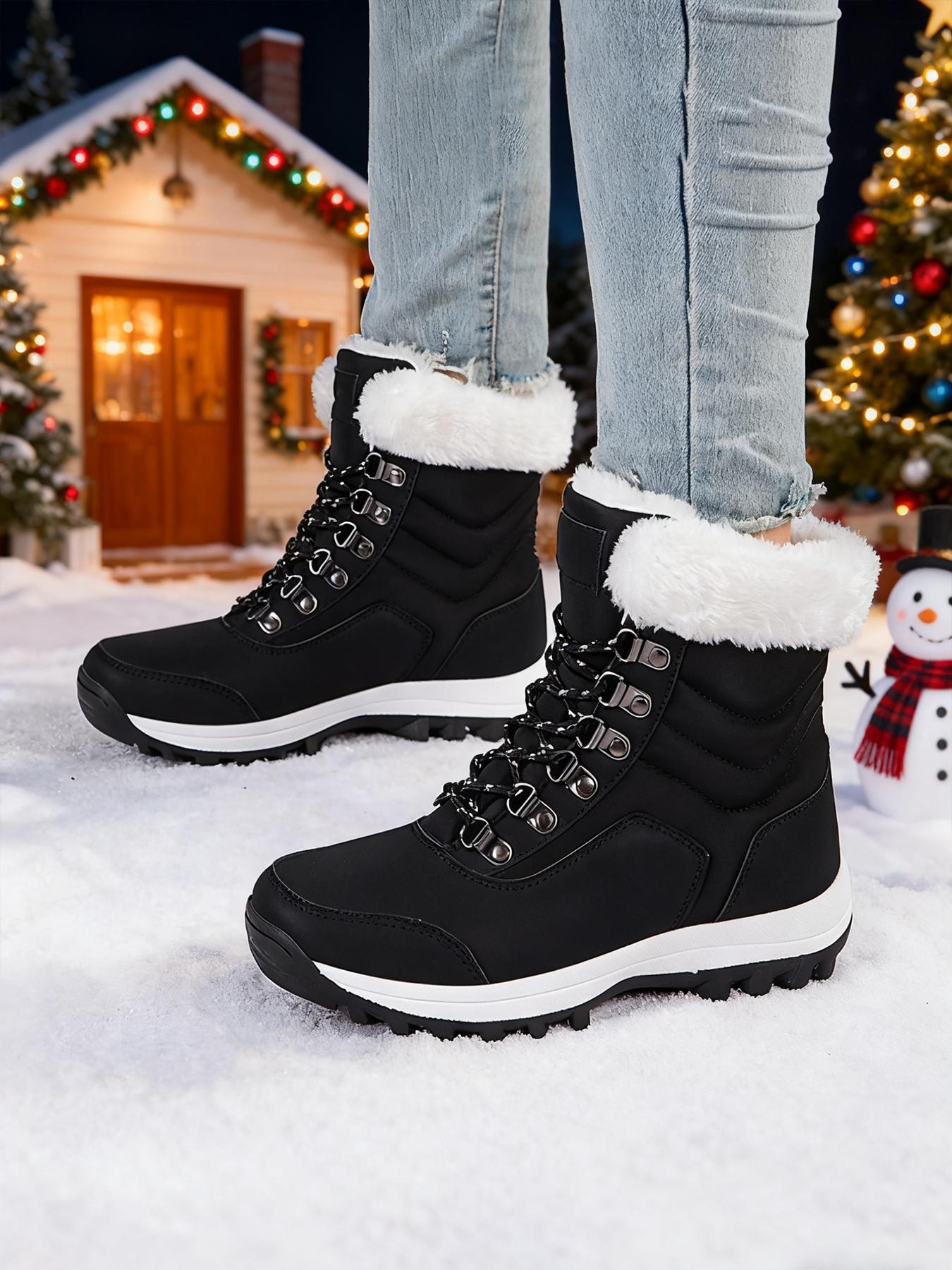 Women's High-Top Lace-Up Hiking Boots, Trekking Shoes, Durable Outdoor Snow Boots with Fleece Lining, Fashionable and Comfortable for Daily Wear and Outdoor Activities, Christmas Gift, Casual Hiking Shoes