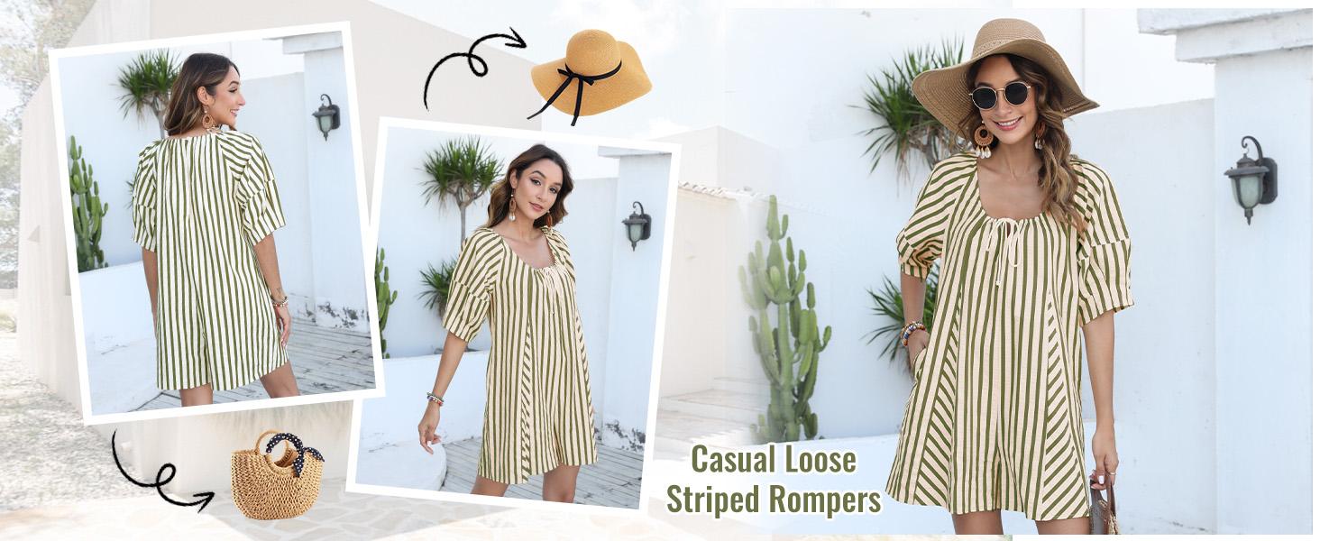 Womens Striped Romper Casual Loose Puff Sleeve Wide Leg Jumpsuit Overall with Pockets