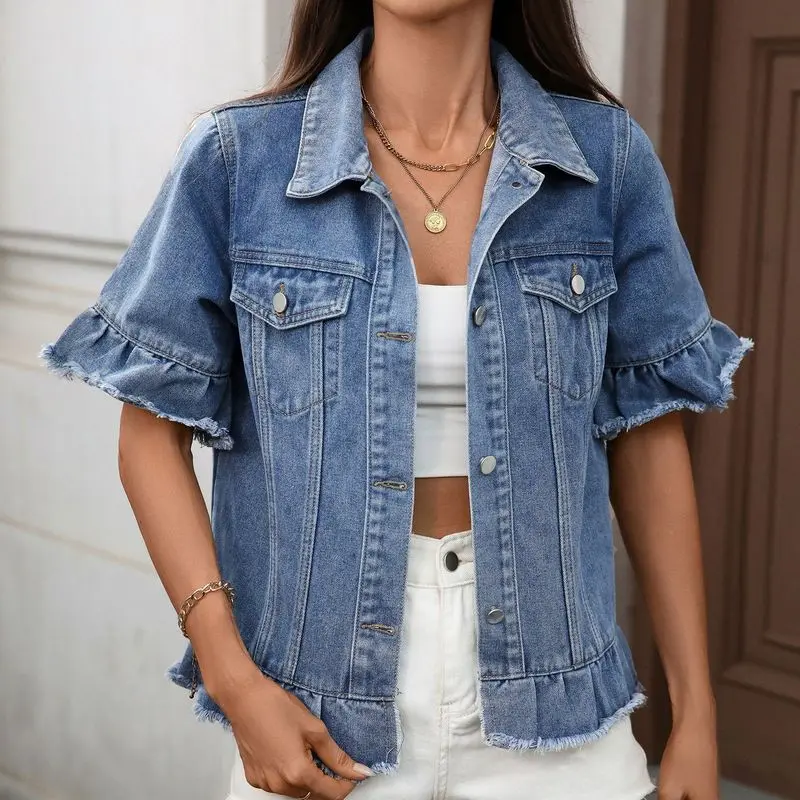Women Washed Short Sleeve Denim Jacket Lapel Fringe Hem Button‑Up Trendy Street Jean Outerwear