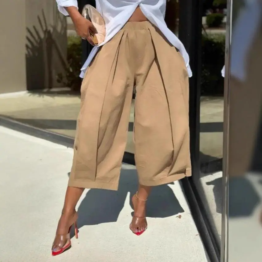 Women Elastic Waist Wide Leg Cropped Pants, Solid Color Loose 9‑Ankle Length Trousers With Pockets, Casual Daily Summer Palazzo Pants