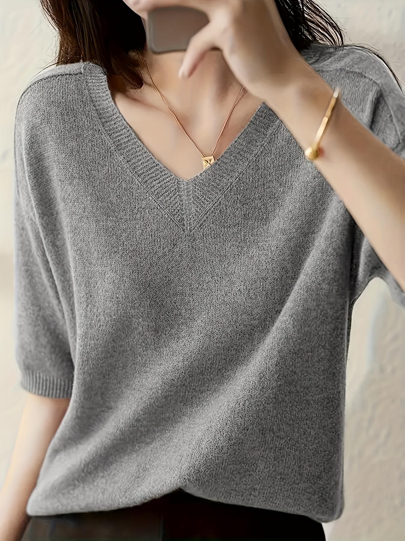 New Knitted Short Sleeve T-Shirt for Women, Thin Loose V-Neck Slimming High-Quality Breathable Top, Stylish Casual Wear