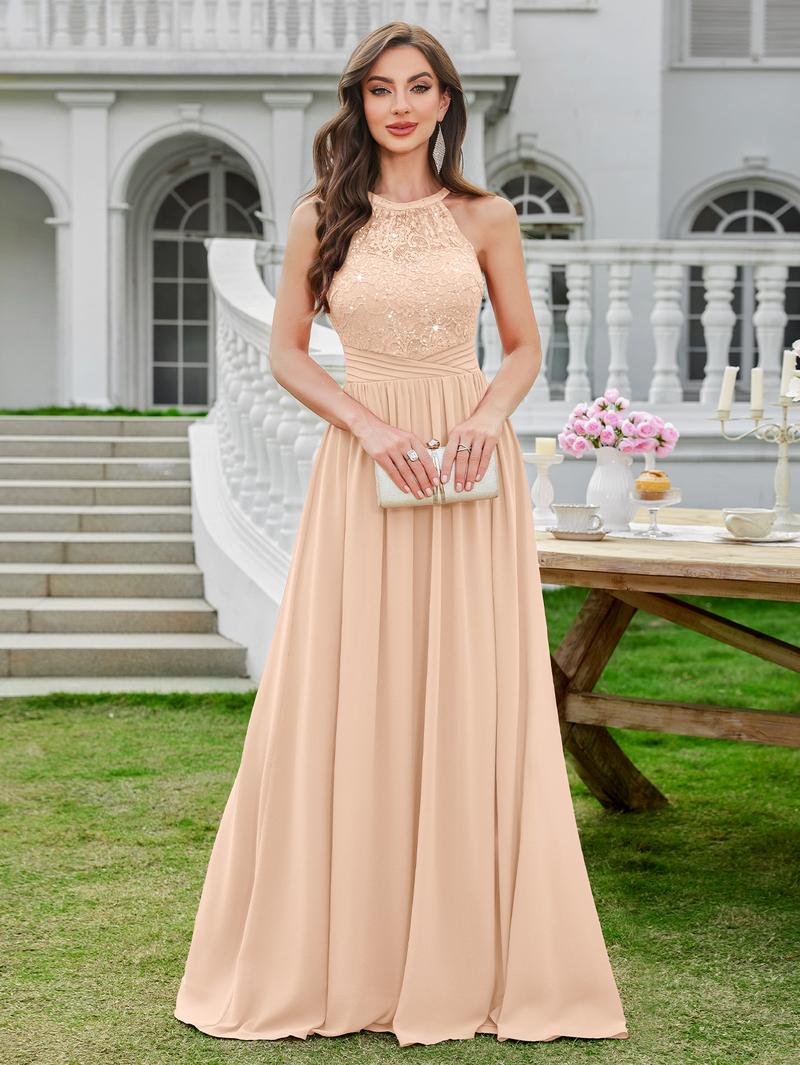 MIUSOL 24447A Women's Sequin Lace Sleeveless Halter Tie Back Ruched Waist Design Formal Evening Gowns Maxi Dress for Formal Event, Evening Party, Banquet, Festival, Quinceaneradress, Bridesmaid Dress