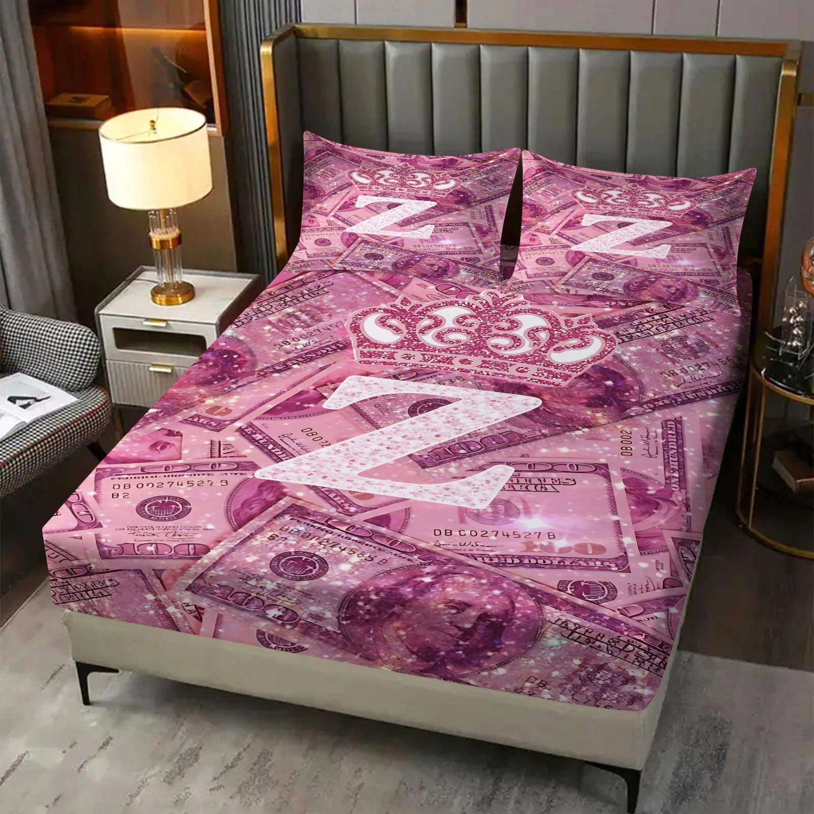3pcs 100% Polyester / Luxury Aesthetic Pink Dollar Print Fitted Sheet Set / Glamorous Crown and 26 Letter Pattern / Soft Breathable Bedding / Easy Care Machine Washable Bed Sheet Set / One Bed Sheet + Two Pillowcases [Do Not Contain Fillings]