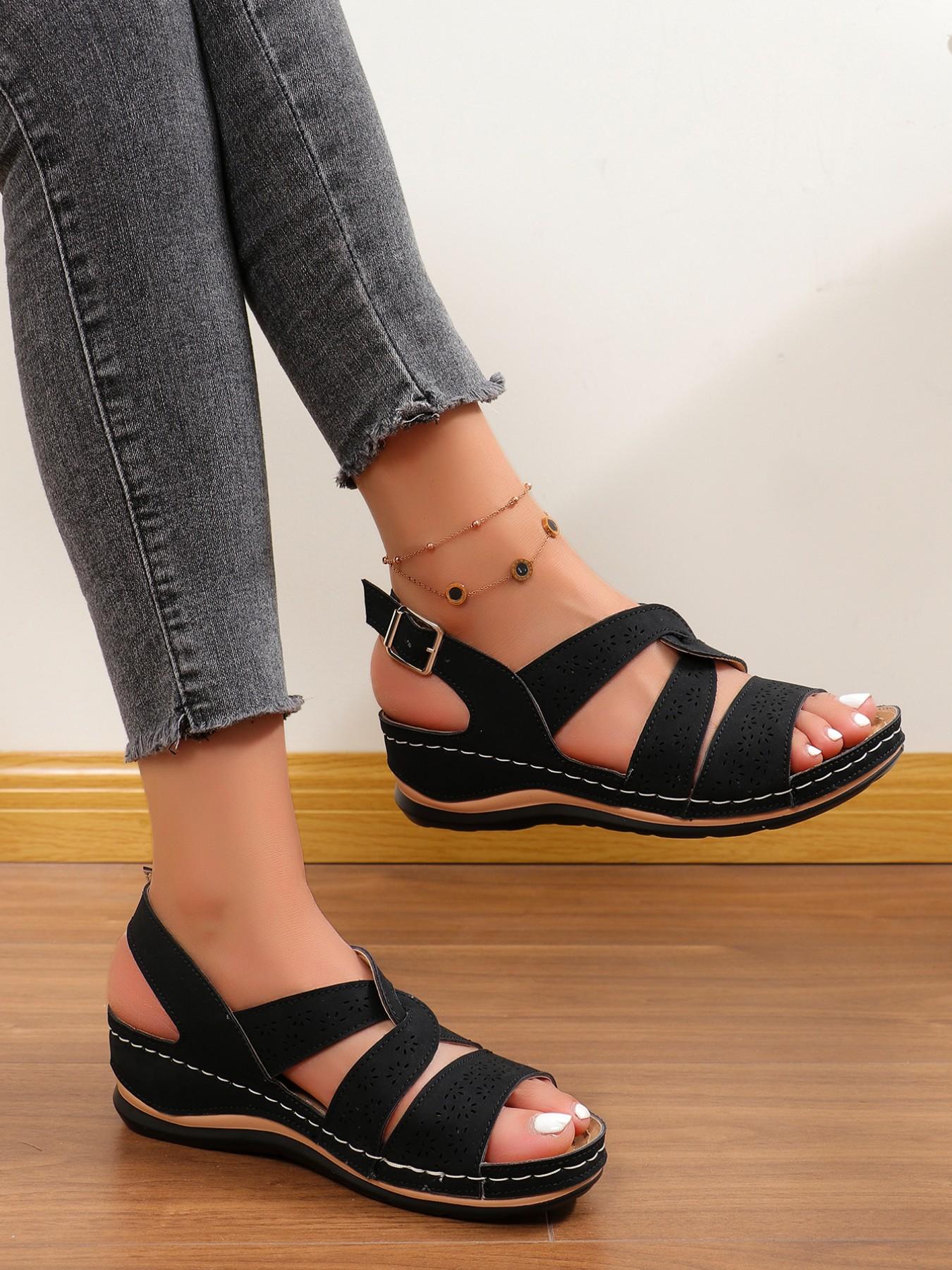 Casual Stretch Roman Sandals with Stitched Decorative Sole, Soft Wood Grain Bottom, Ultra-Comfortable, Perfect with Jeans and Dresses