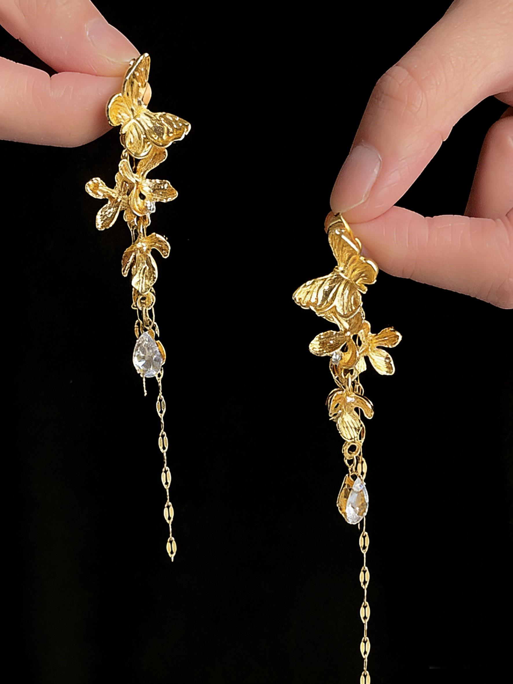 Butterfly Motif Earrings with Cubic Zirconia, Elegant Long Tassel Design, Perfect for Parties and Everyday Wear, Light-Luxury Style Jewelry