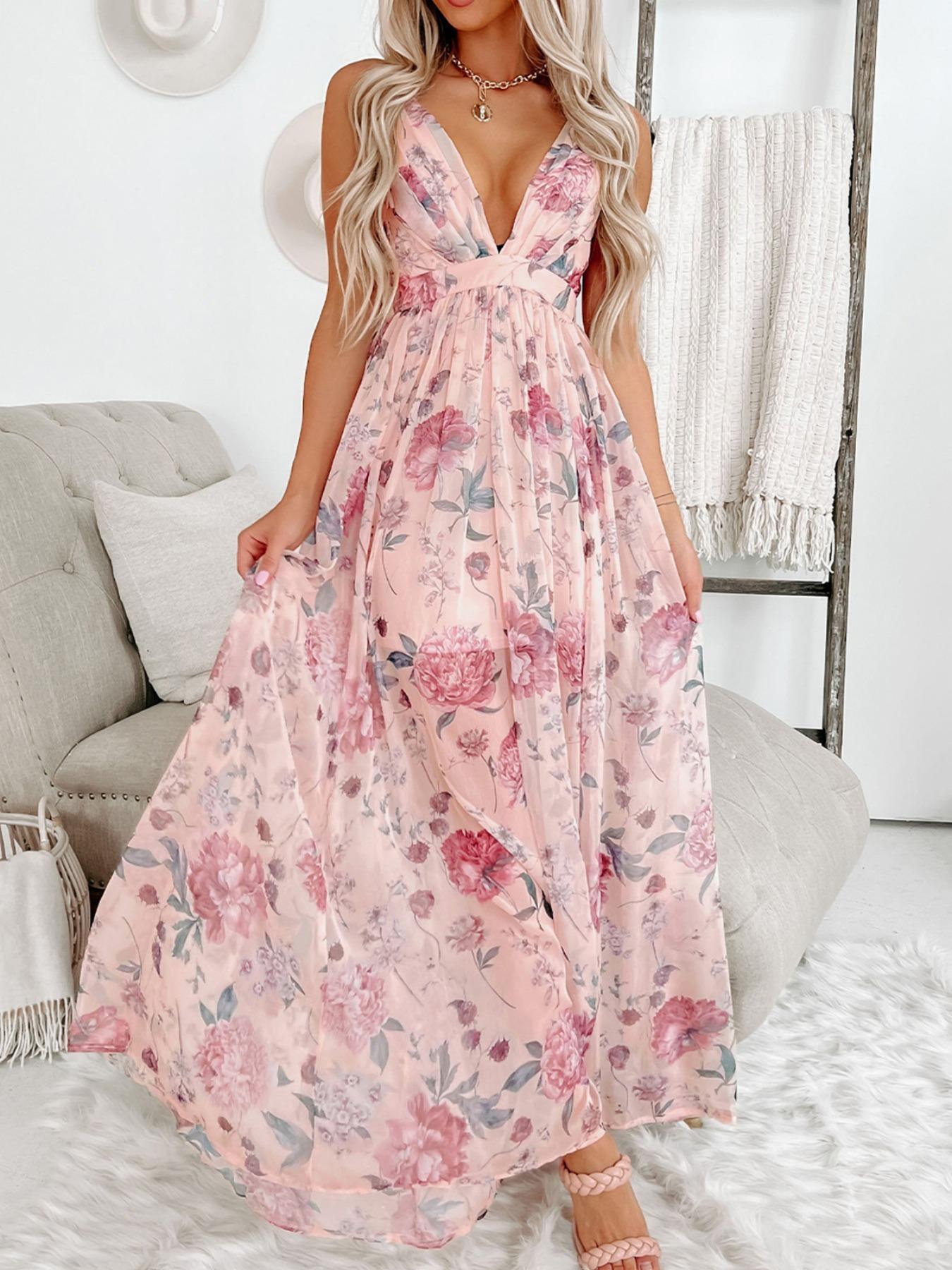 Elegant Feminine Floral Formal Ruched Backless Dress, Summer Women's Sleeveless High Waist Long Gown, Wedding Party Bridesmaid Dress