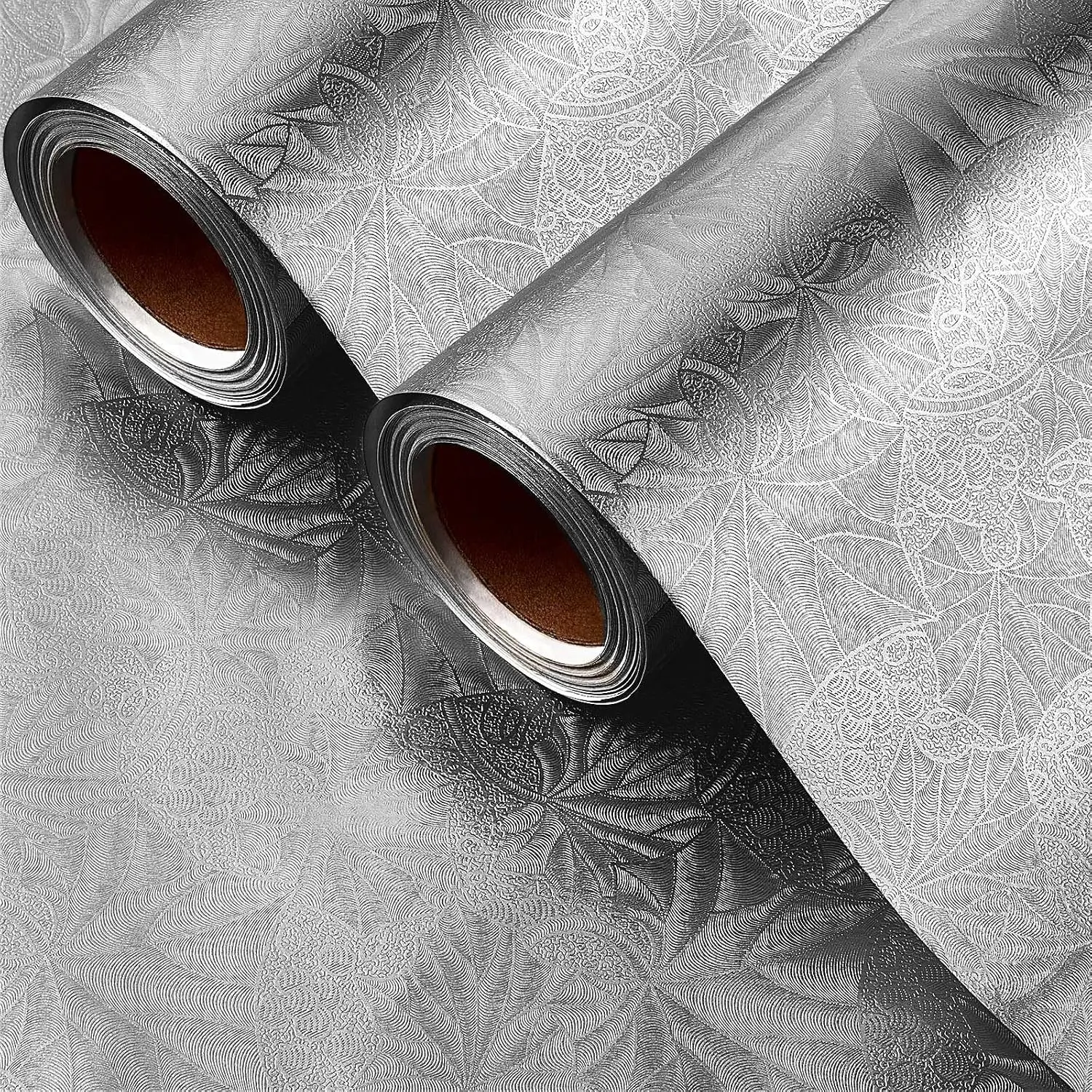 2 Rolls Embossed Floral Foil Paper Metallic Christmas Wrapping Paper Embossed Foil Sheets Gift for Crafts Scrapbook Florist Cake Board Cake Drums Wrapping Anniversaries, 15.7 Inch 46 ft (Silver)