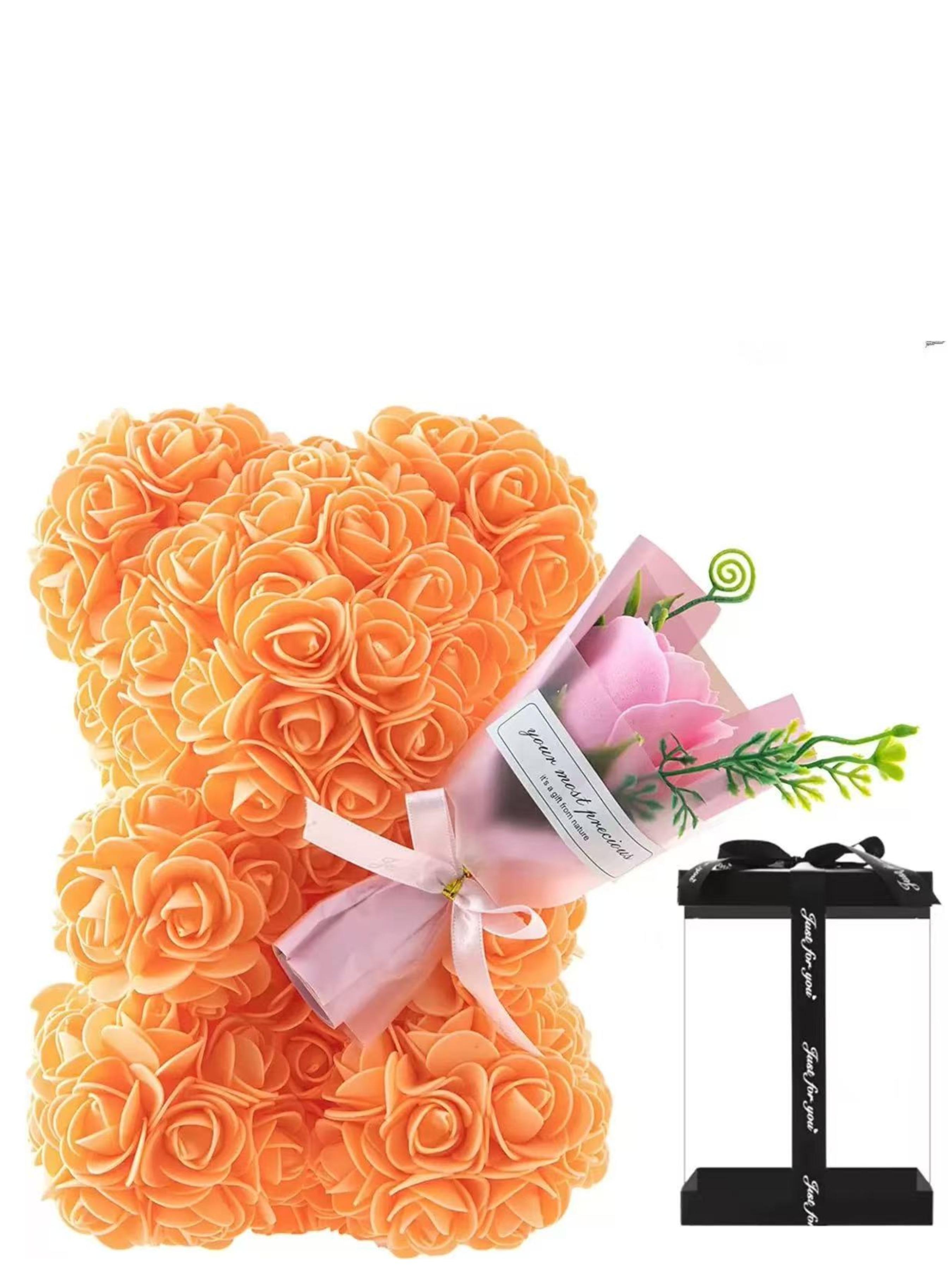 Forever Flower Pe Rose Bear Bouquet, Cute Floral Pattern, Perfect Gift for Valentine's Day, Graduation, Birthday, No Necklace Included