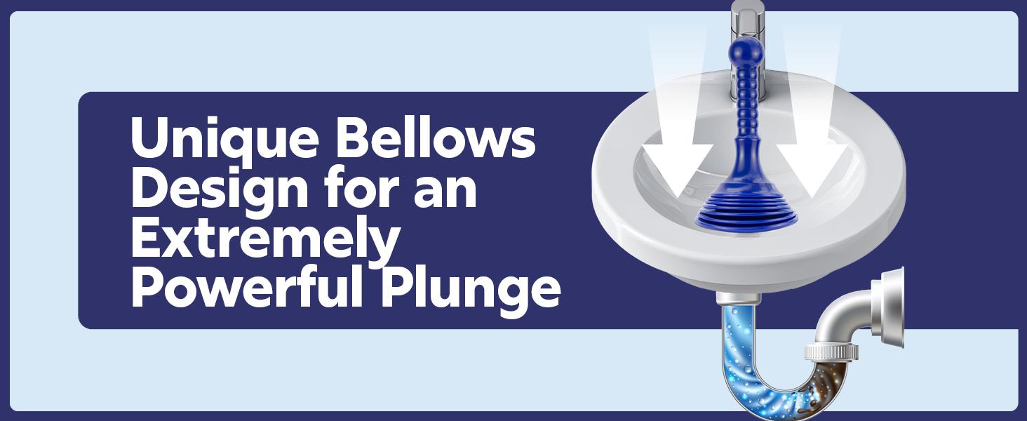 Small Commercial-Style Plumber's Plunger with Large Bellows - Powerful Clog Remover for Kitchen Sink, Bathroom Sink, Bathtub or Shower - Blue