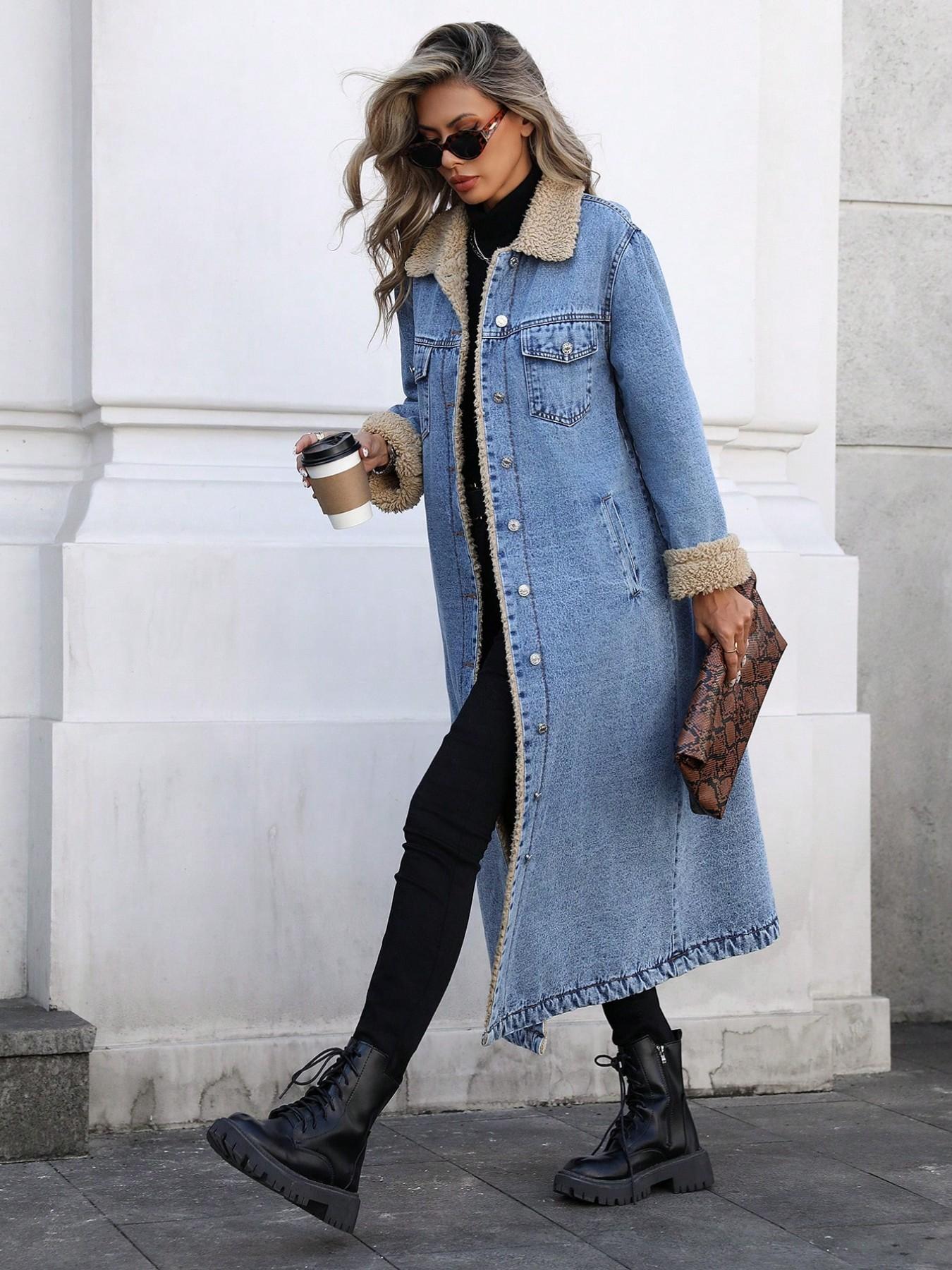 Women's Fall Winter Basic Chic Fashion Long Denim Jacket with Long Sleeves, Elegant Lapel Single Button Fleece Lined Warm Coat, Casual Versatile Outerwear