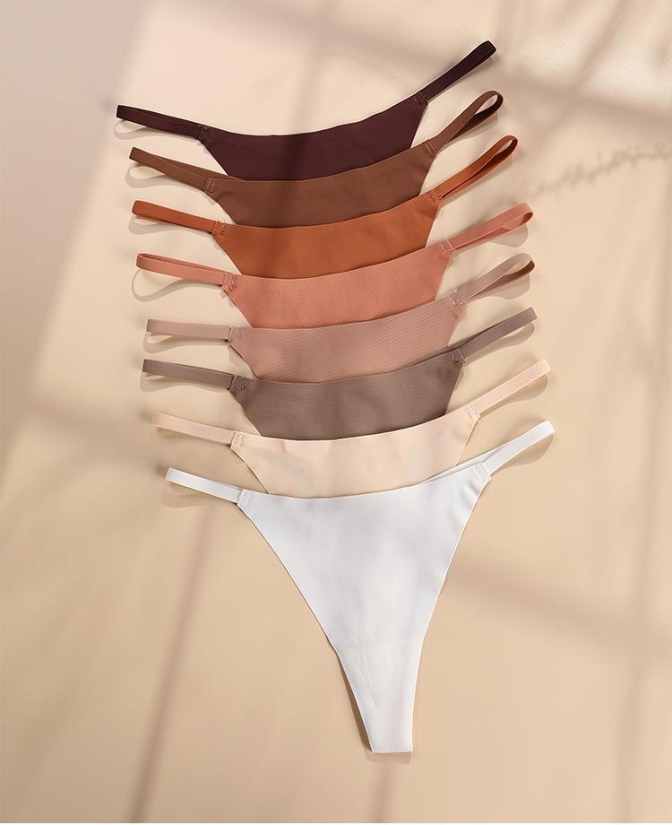 Women's Seamless Ice Silk Low Waist T-Back Panties (8pcs) - Casual Multi-Size Solid Intimate Underwear with Delicate Waistband, Cotton Gusset for Sports & Outdoor Activities
