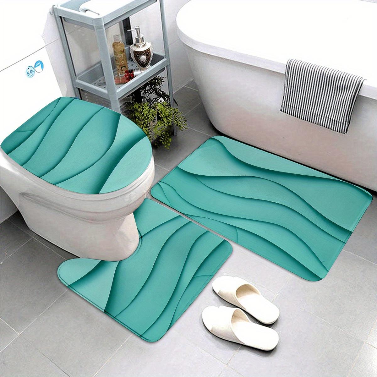 3pcs Green 3D Wave Pattern Bathroom Mat Set, Soft Flannel, Toilet Lid Cover, U-Shaped Toilet Mat, 100% Polyester, Modern Design, Home Bathroom Decor, Stylish Bathroom Accessory, Bathroom Rug Se