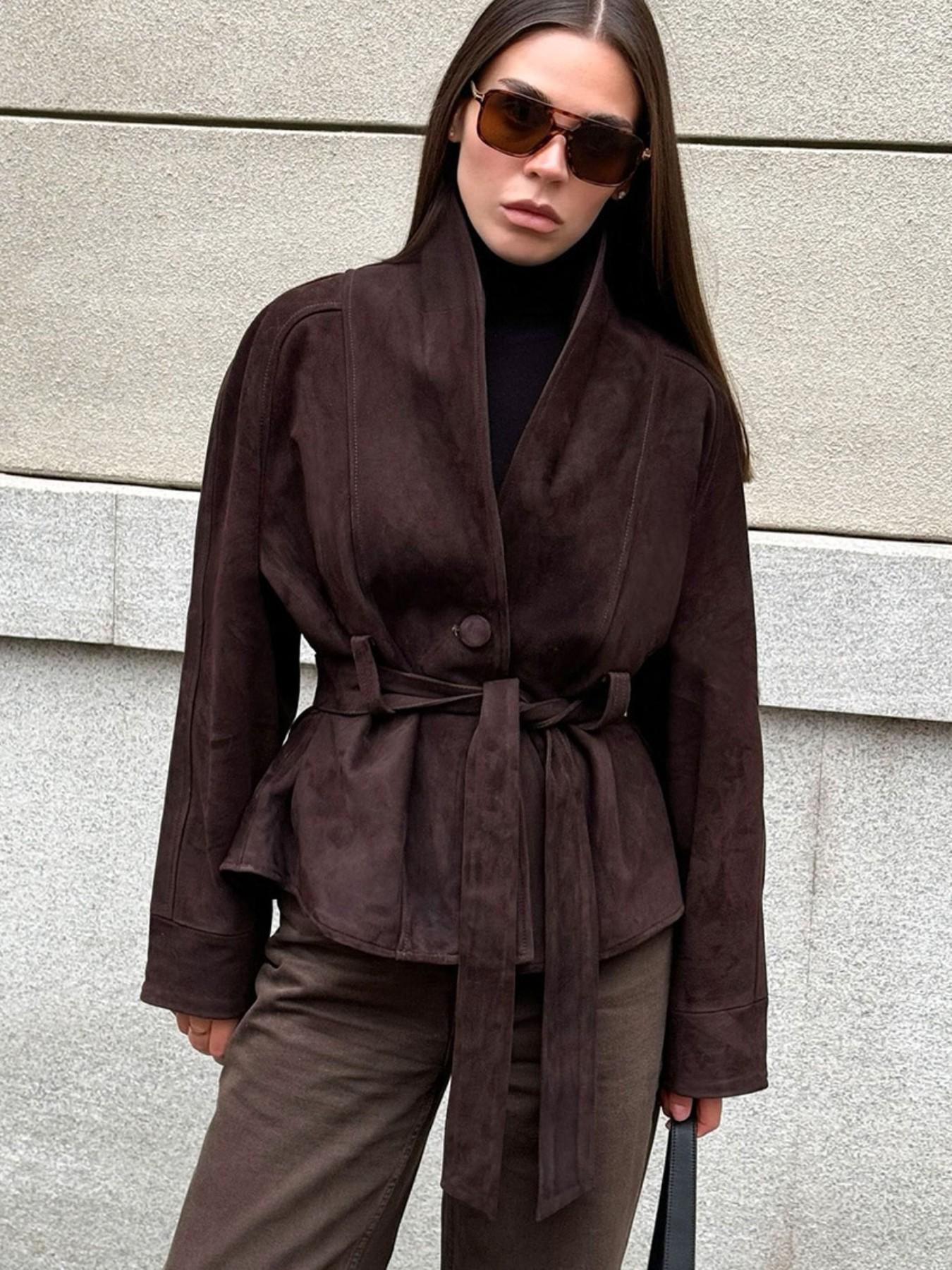 Women's Casual Chic Loose-Fitting Outerwear, Plain Full Placket Top, Fall & Winter Unlined Jacket, Comfortable Daily Wear