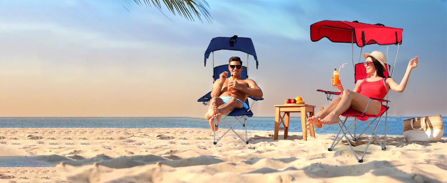 Camping Chair with Canopy, Outdoor Folding Lounge Chair with Adjustable UPF 50+ Sun Shade &Cup Holder, Portable Camping Recliner,350LB Max Support Foldable Wide Sunshade oversized Chair with Shade Canopy Camping Chair with Cup Holder Durable