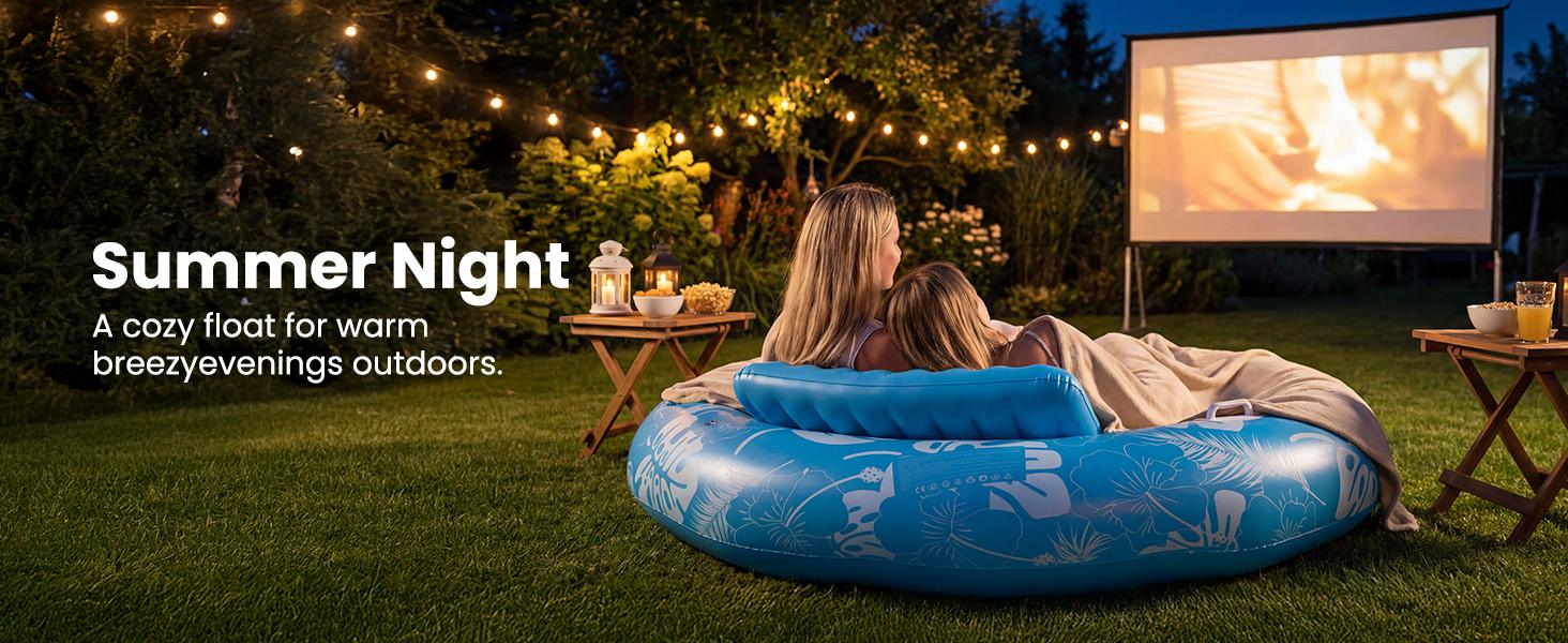 DSQUU XL-Inflatable Tanning Pool Lounger Float with Sprinkler, 72"x65" Round Pool Float Adults with Pillow XL Cup Holder Handle Blow Up Tanning Bed for Summer Sunbathing Water Lounge Party Gifts, Blue