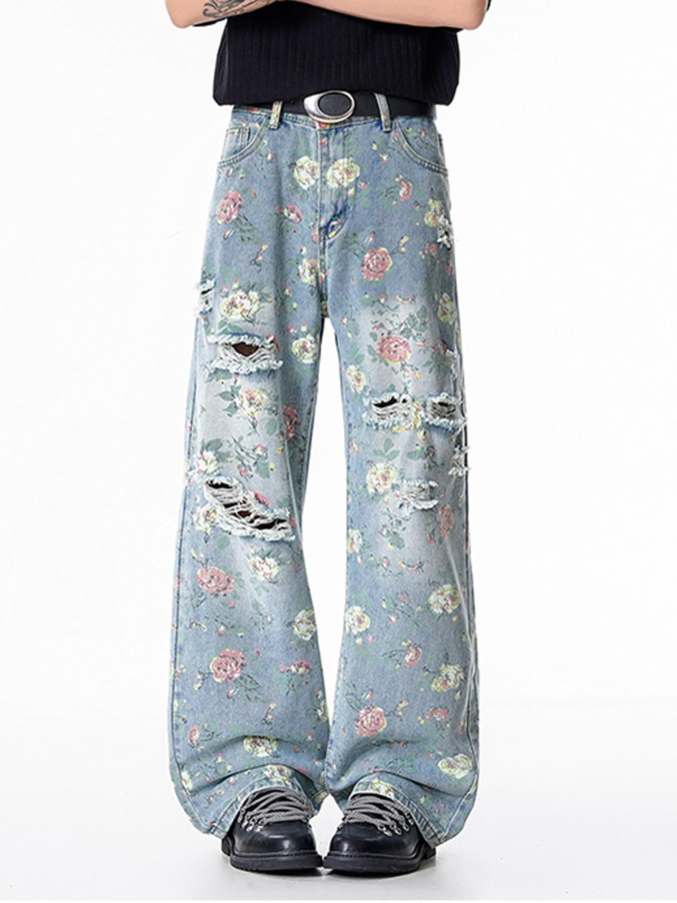 Men’s Light Blue Floral Print Baggy Jeans with Distressed Ripped Details, Wide Leg Y2K Streetwear Denim Pants