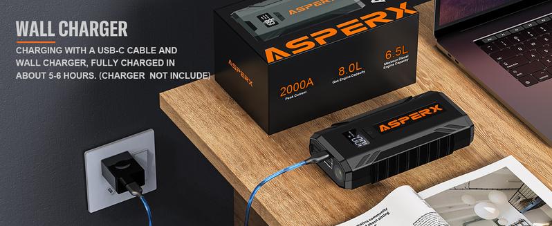 AsperX 2000A Portable Car Jump Starter, 12V Battery Jump Box with 1.4 INCH LCD Display, LED Flashlight Automotive Jumper Cable