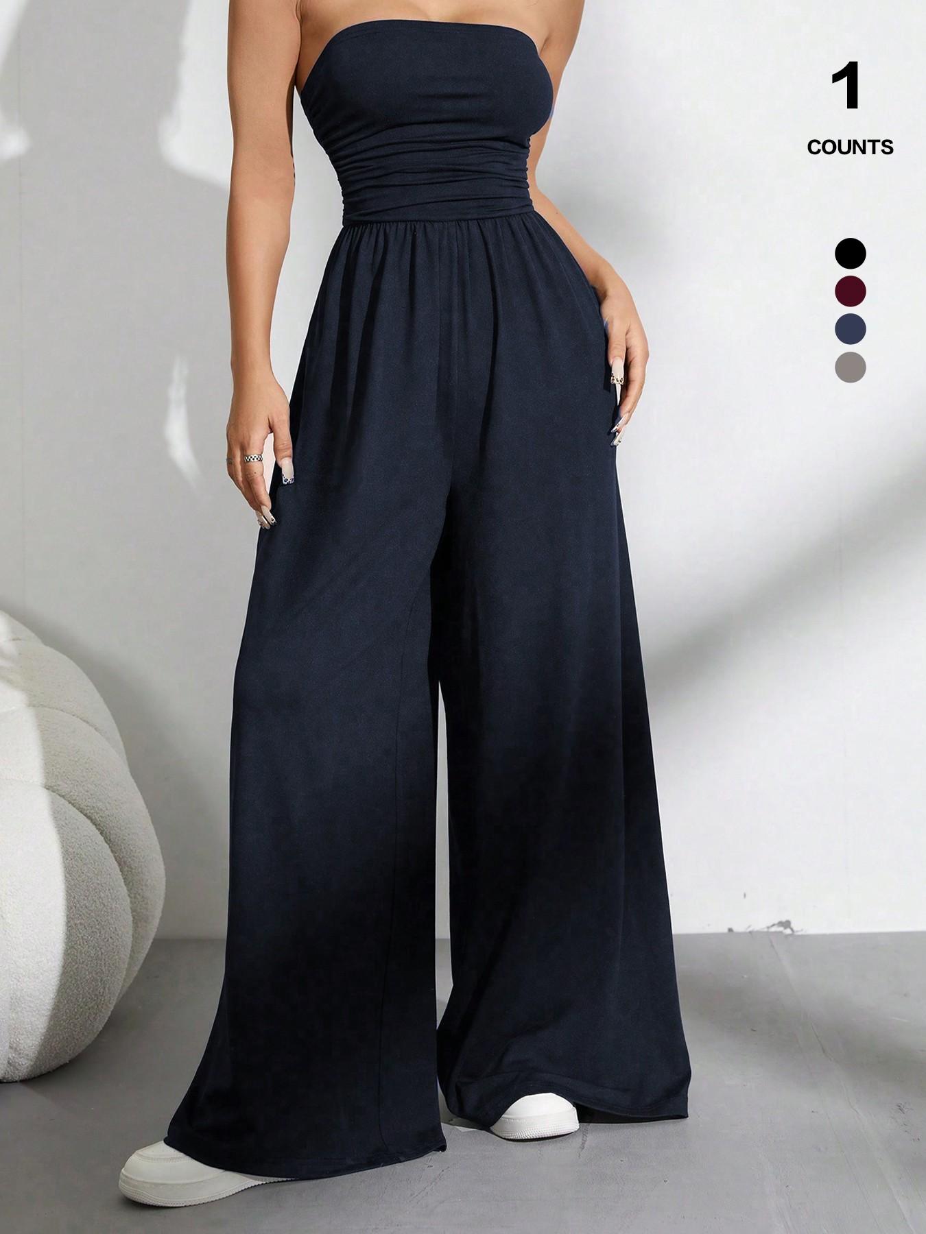 Solid Color Casual Sleeveless Pleated Loose Jumpsuit, Slim-Fitting Ruched Design, Elastic Waist, All Seasons Wear, Organic Textile, Waistband Jumpsuit