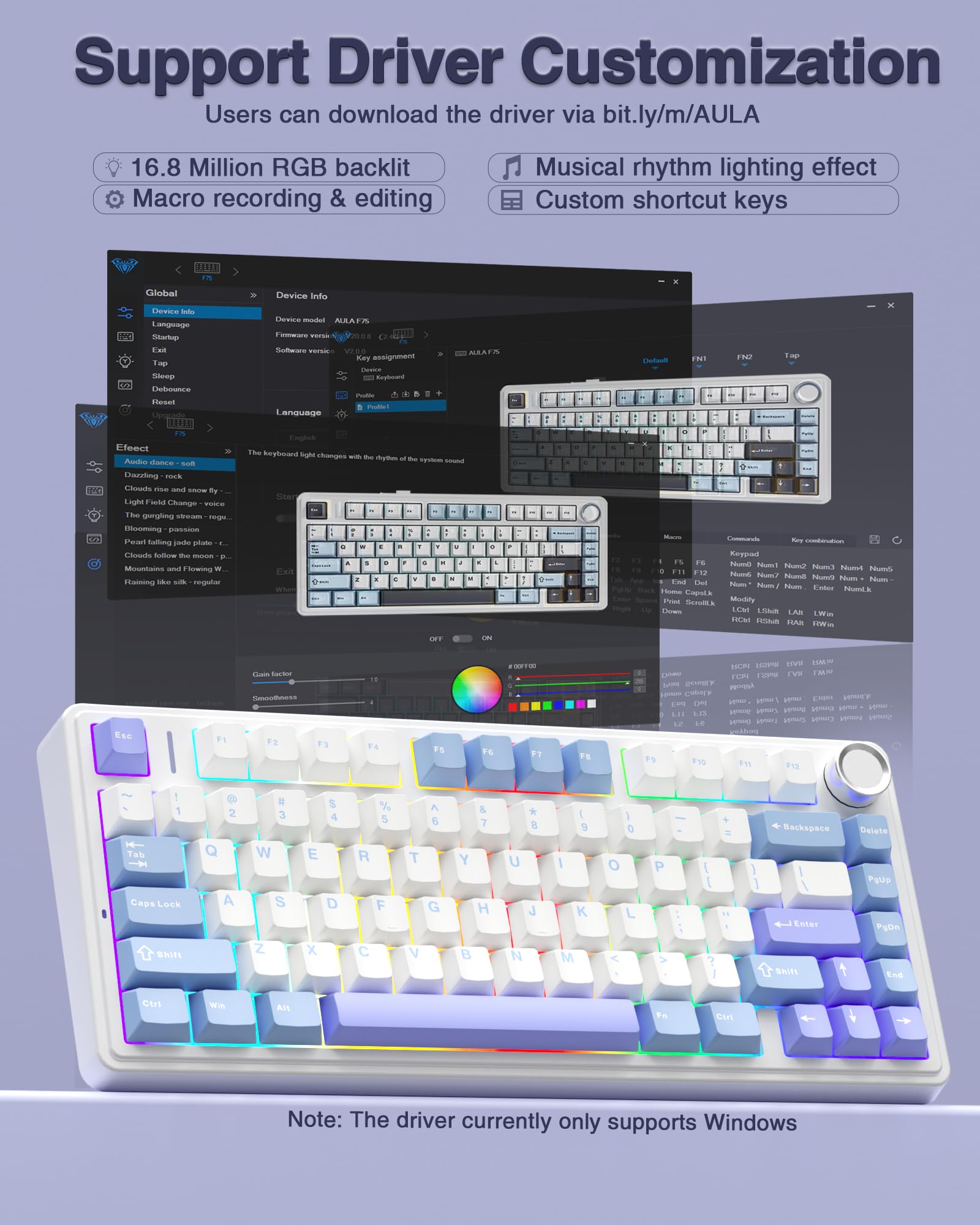 AULA F75 Custom Wireless Mechanical Gaming Keyboard, 75 Percent Gasket Hot Swappable Keyboard, RGB Rainbow Backlit Gaming Keyboard,Tri-Mode, creamy keyboards budget keyboard  office computer accessory purple volume Knob Control TikTokShopfalldealsforyou