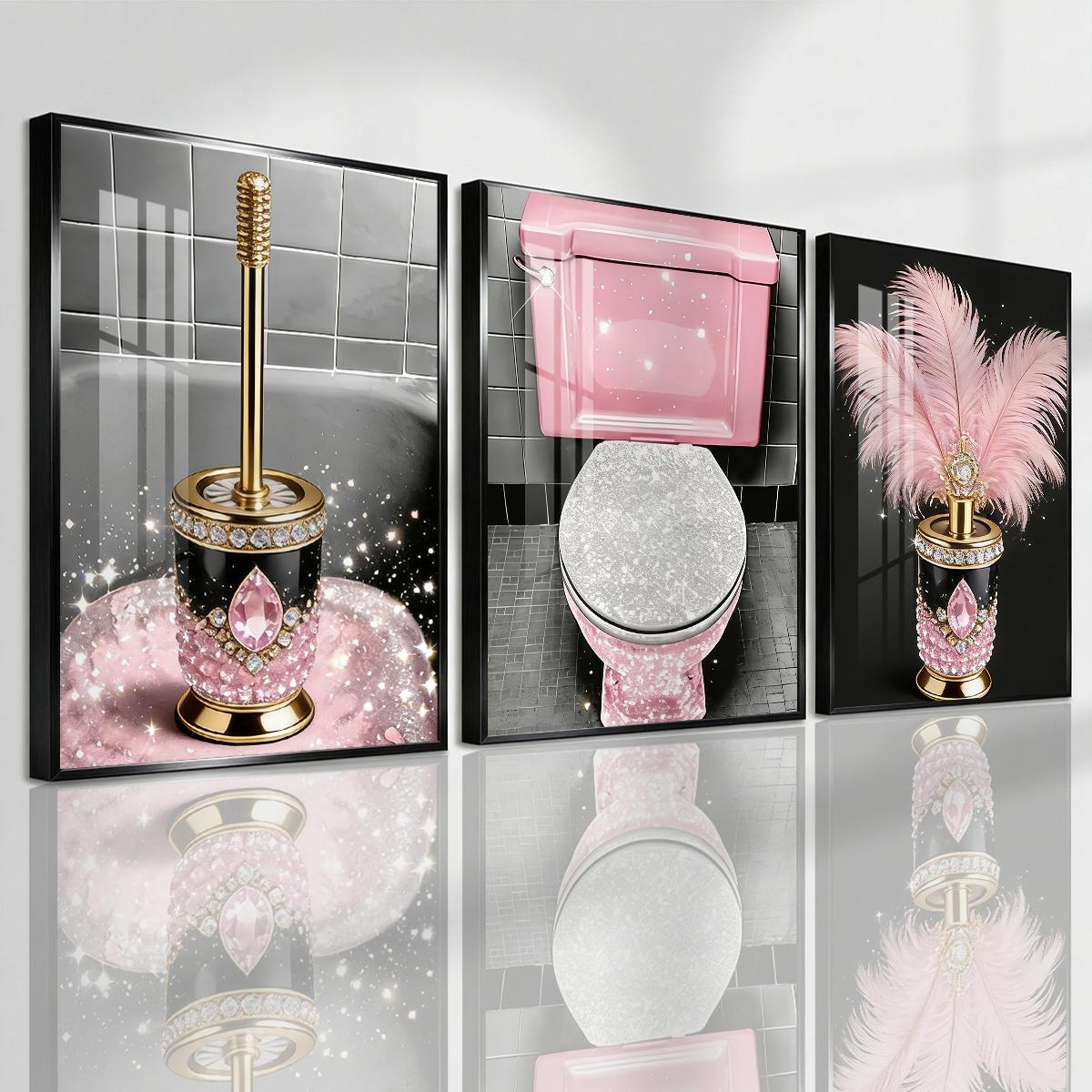 3 Counts Aluminum Alloy Framed Painting, Luxury Pink Diamond Feather Toilet Brush Set Pictures, Home Decoration For Living Room, Bedroom, Office, Restaurant, Hallway Wall Decor, Odorless Print Artwork, Luxury Perfect Gift For Friends And Family
