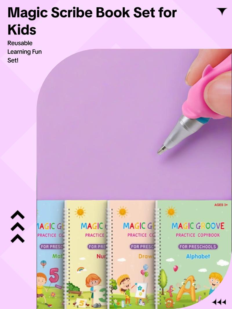 Magic Practice Scribe Book Set, 1 Set Reusable Number & Letter & Math & Drawing Practice Scribe Book with Pen & Refill & Pencil Grip, Gift for Friend Family, Learning Materials