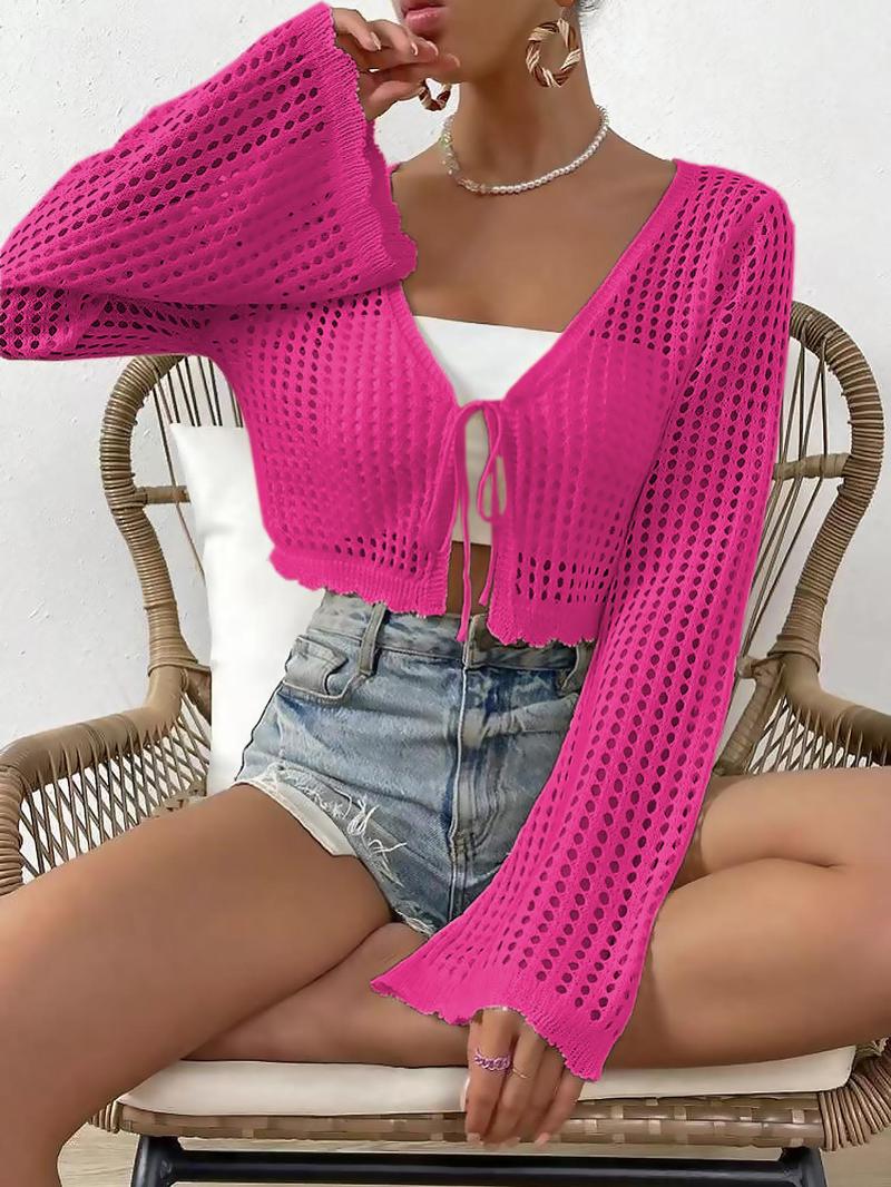 Women's Plain Hollow Out Tie Front Crop Cardigan, Casual Flounce Sleeve V Neck Cover Up Knitwear for Spring & Fall, Summer Outfits 2024, Women's Knit Clothing for Daily Wear