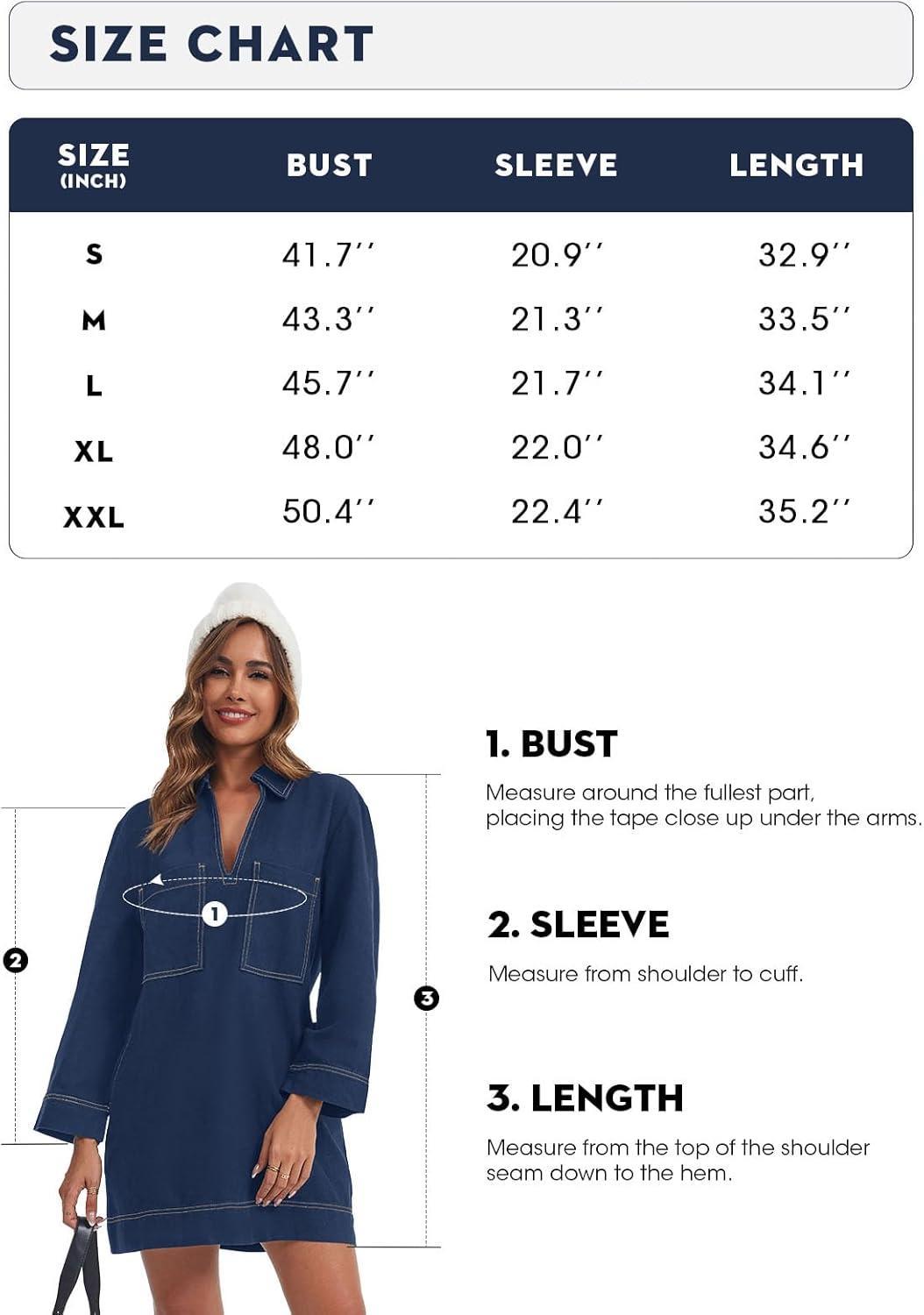 FMEYOA Womens Denim Shirt Dress Long Sleeve V Neck Loose Casual Jean Mini Dress with Pockets