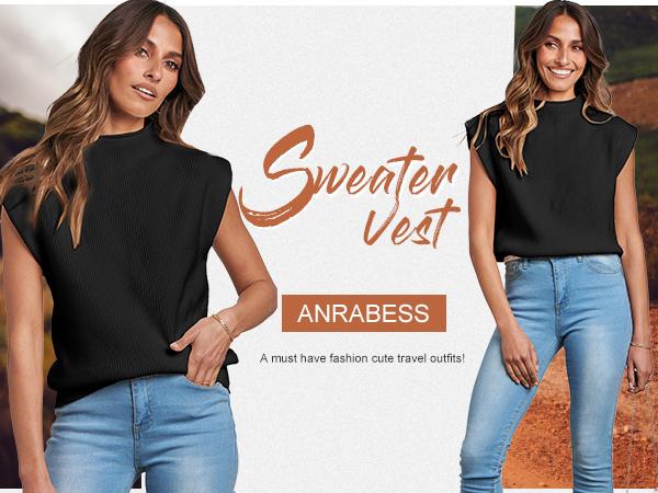 ANRABESS Women's Mock Neck Sleeveless Sweater Vest Casual Solid Cap Sleeve Knit Pullover Tank Tops 2025 Clothes
