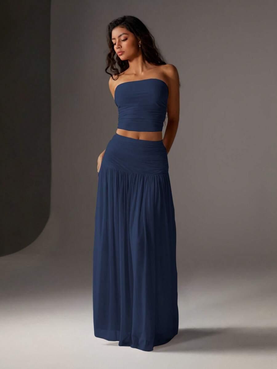 Women's Mesh Solid Color Halter Top Sleeveless and Long Dress Two-Piece Set, Breathable Summer Outfit, Elegant and Comfortable for Daily Wear, Neck Top Set