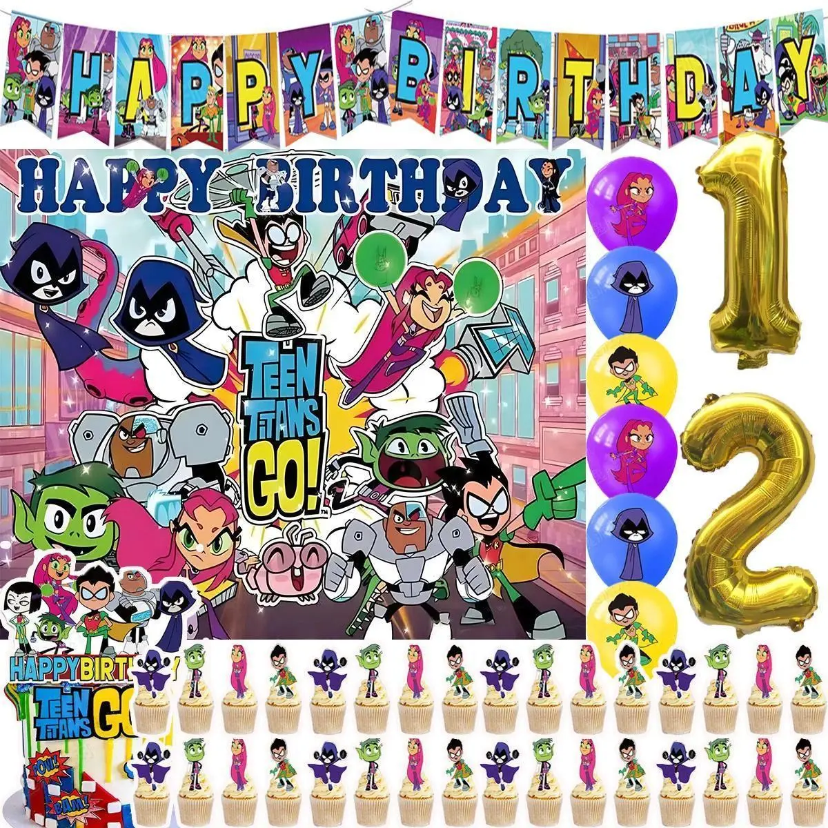 2026 New hot item Cartoon Teening Titans Go Theme Kids Birthday Party Supplies Decoration Balloon Cake Topper Banner Background Baby Shower Props