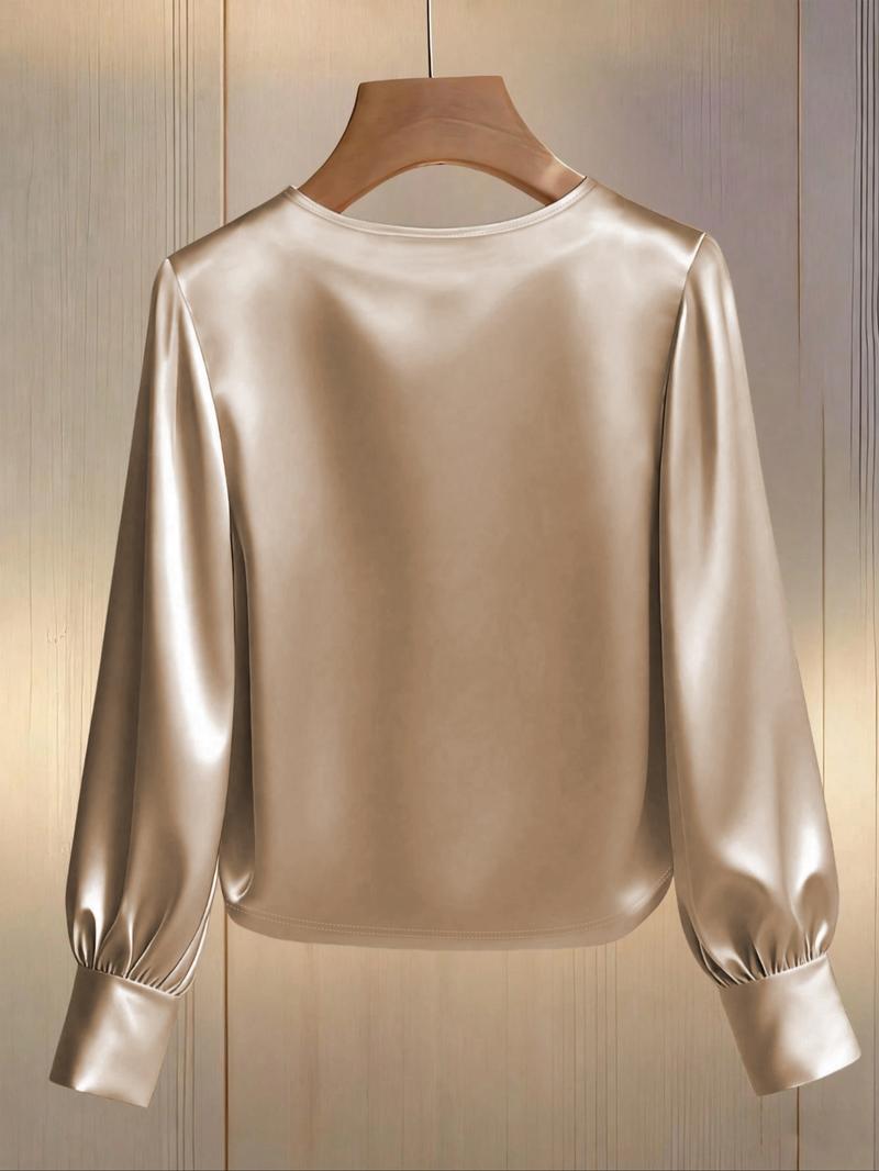 Women's Fashion Long Sleeve Top, Elegant Satin Round Neck Blouse, Suitable for Casual and Formal Office Commute