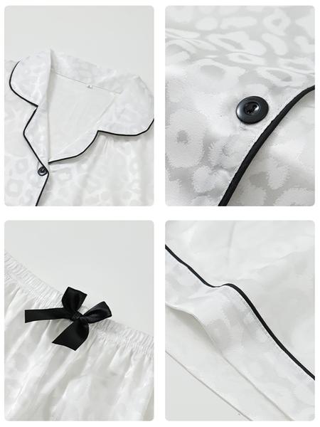 Women's Leopard Print Contrast Trim Lapel Neck Pajama Two-Piece Set, Comfort PJ Set, Short Sleeve Button Up Top & Shorts PJ Set, Casual Sleepwear Set for Women