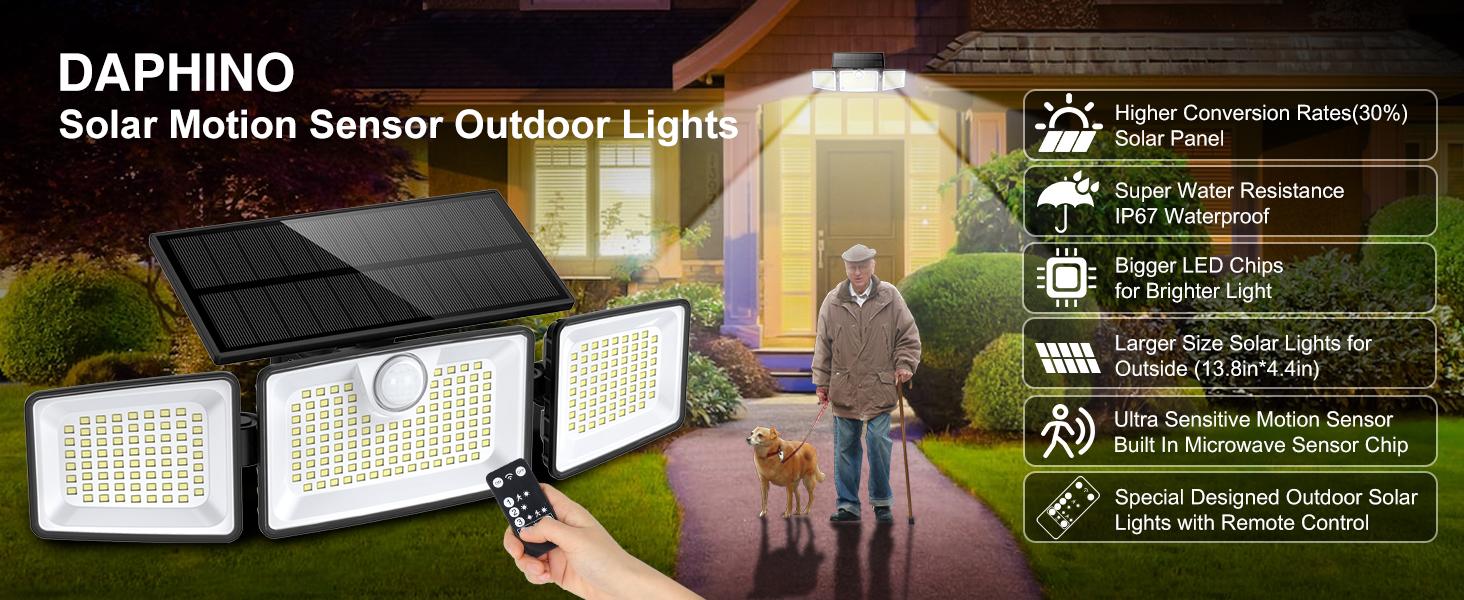 Daphino Solar Motion Sensor Lights, 252 LEDs 3 Head Adjustable Solar Lights Outdoor, 2700LM 355°Wide Angle Commercial Street & Area Lights with Remote Control, IP67 Waterproof Spot Light with 3 Modes