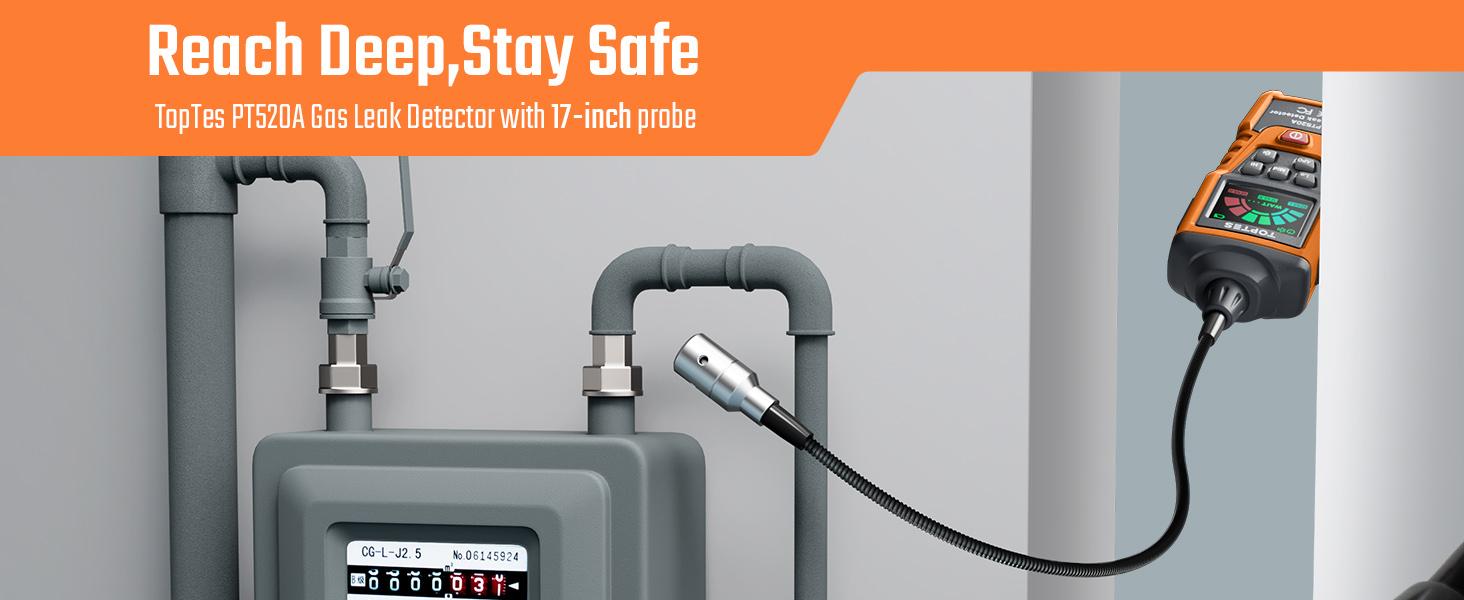 TopTes PT520A Gas Leak Detector with 17-Inch Gooseneck, Locating The Source of Propane, Natural Rechargeable Gas, and Combustible Portable Gas Leak for Home and RV (Includes Battery x3) Safety Tools – Orange