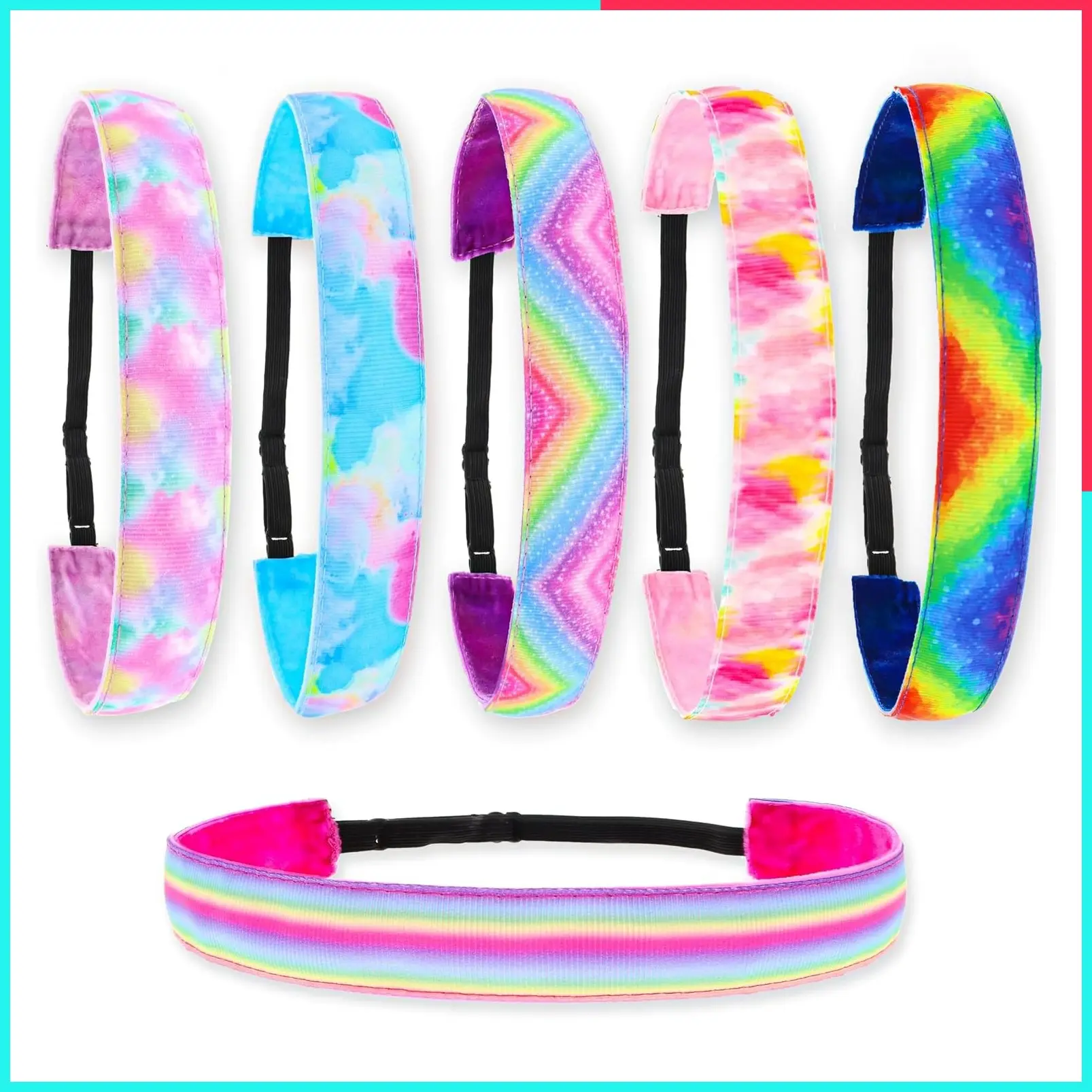 6 Adjustable No Slip Headbands for Girls & Women - Athletic Stretch Elastic Sport Hair Bands, Fabric Hair Accessories for Kids (Tie Dye)