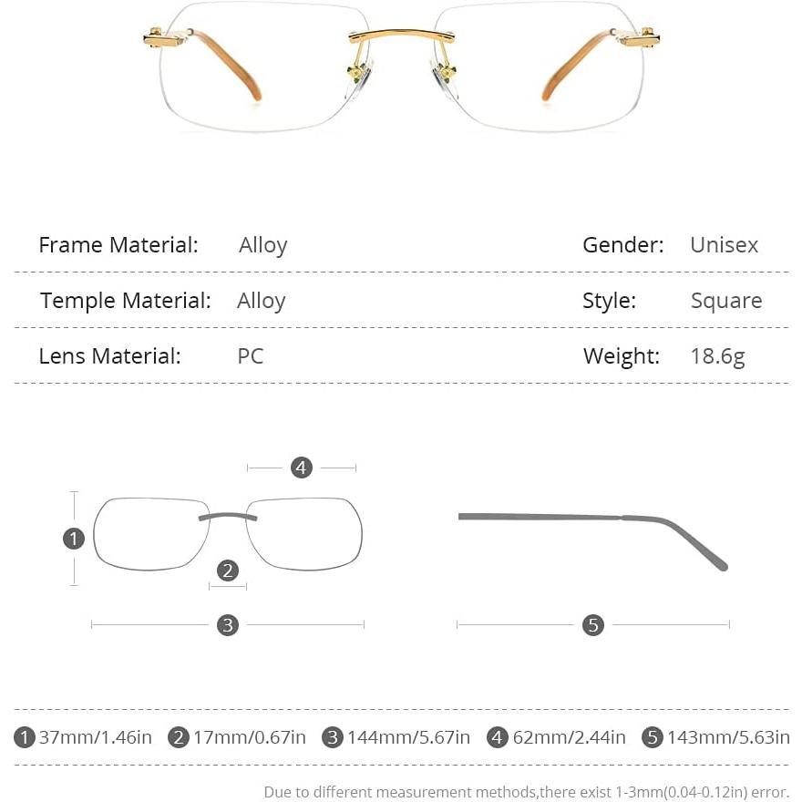 Style Rimless Rectangular Metal Eyeglasses for Men, Frameless Square Optical Glasses Frame