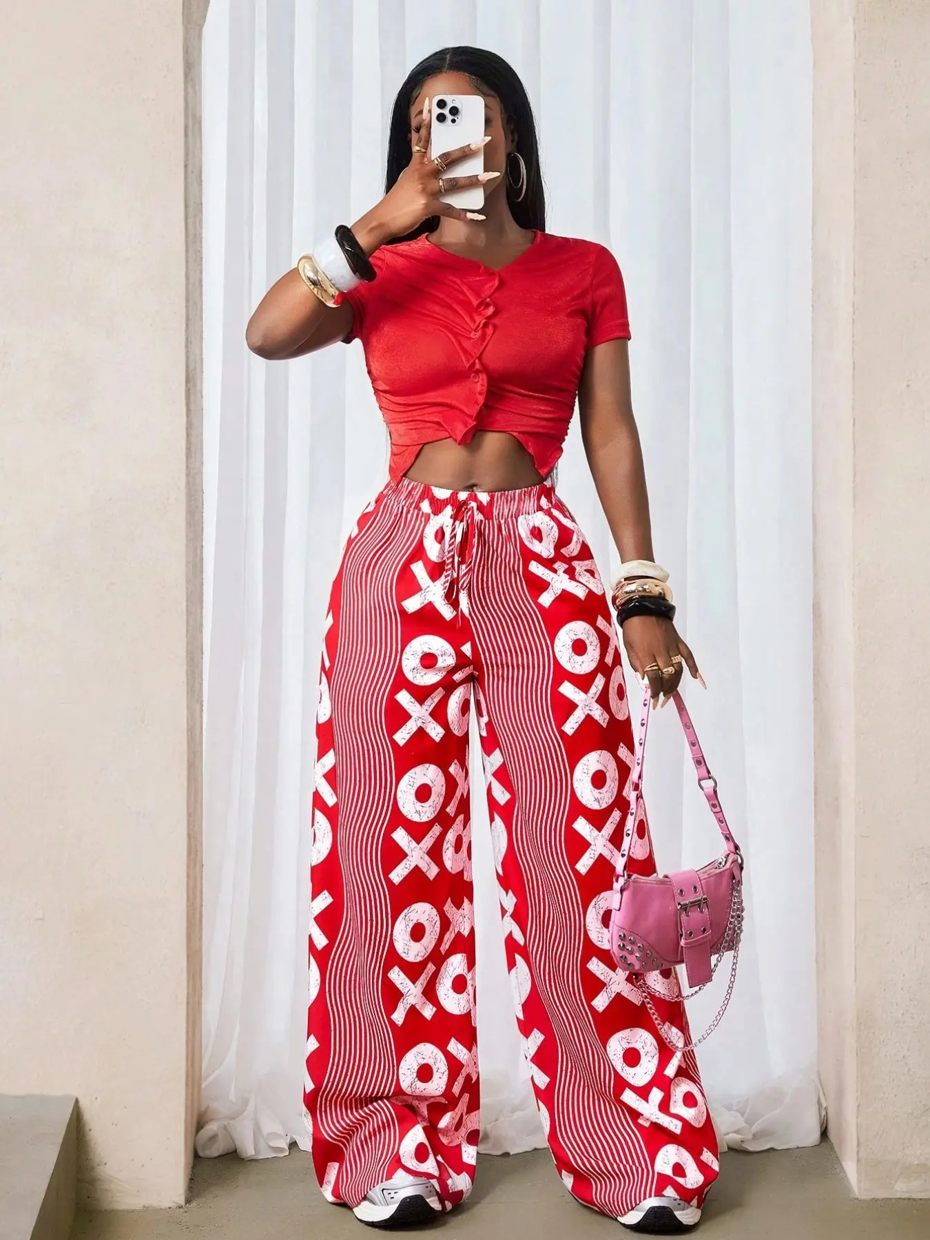 Ethnic Wind Wide-Leg Beach Pants, Casual Vacation Style Full Print Flowy Palazzo Trousers, Multiple Colors Available