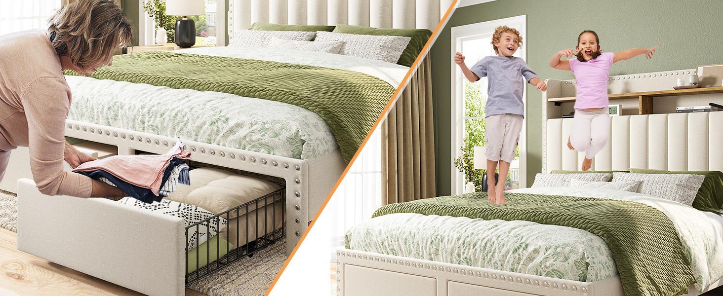 Bed Frame with 2 Drawers, MATTRESS NOT INCLUDED, Bedframe with Headboard and Storage, Upholstered  Bed Frame with Storage, No Mattress, NO Noise, No Box Spring Needed