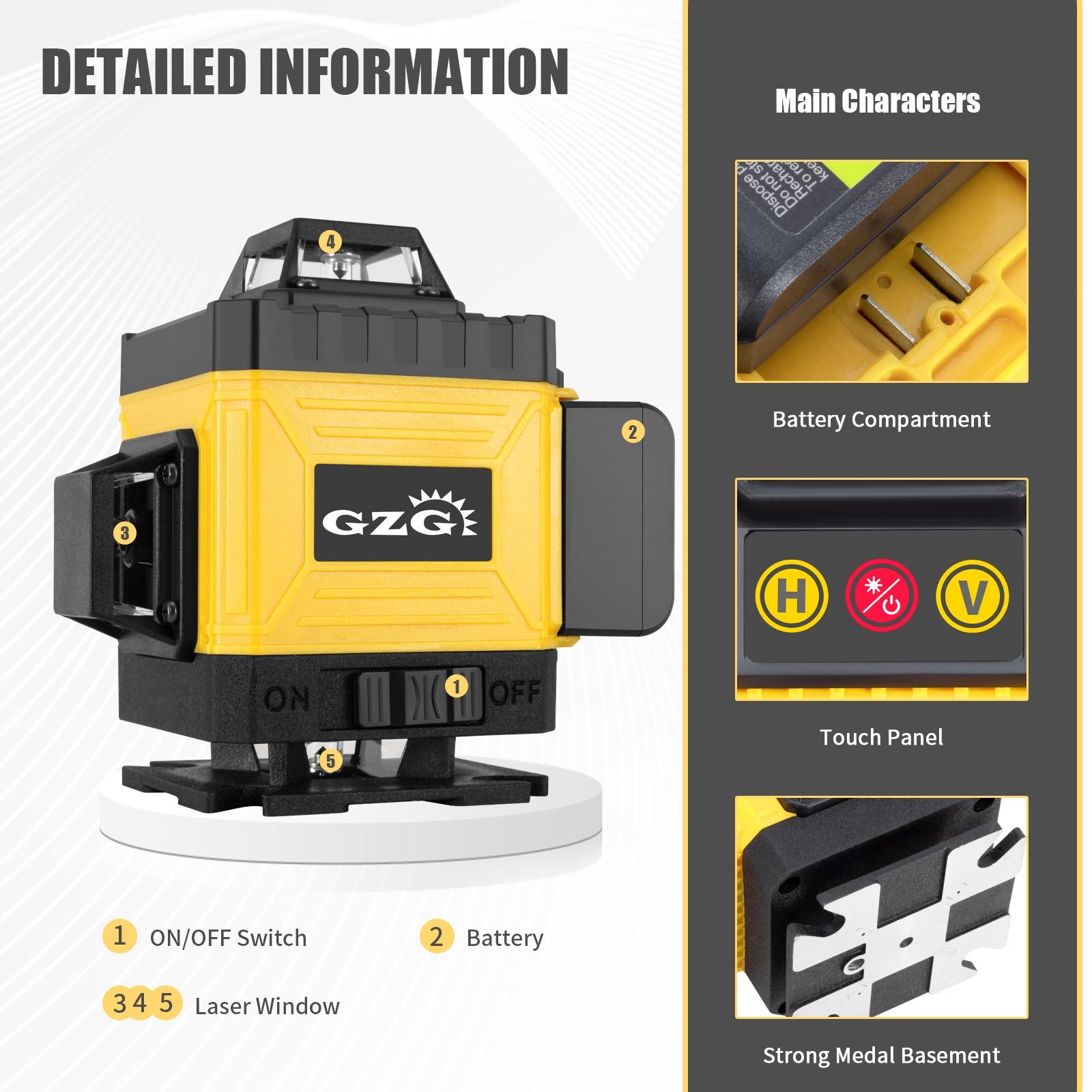 GZG 4D 16 Lines Laser Level, Auto-leveling Laser, Automatic Laser Level, Self-Leveling 360 Laser Level with Remote Control, Professional Laser Level Tool