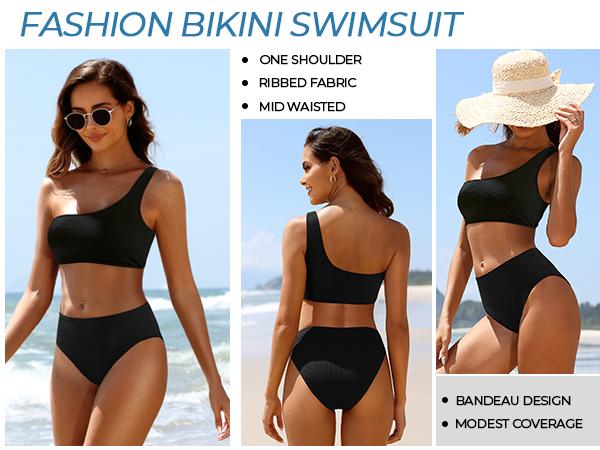 Tempt Me Women Two Piece Swimsuits Ribbed One Shoulder Bikini Sets Mid Waist Bathing Suit