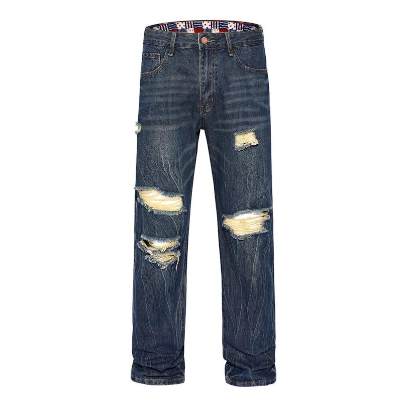 MZNBURAM Men's Ripped Non-Stretch Relaxed Fit Straight-Leg Denim Pants Jeans-Menswear Streetwear Trouser