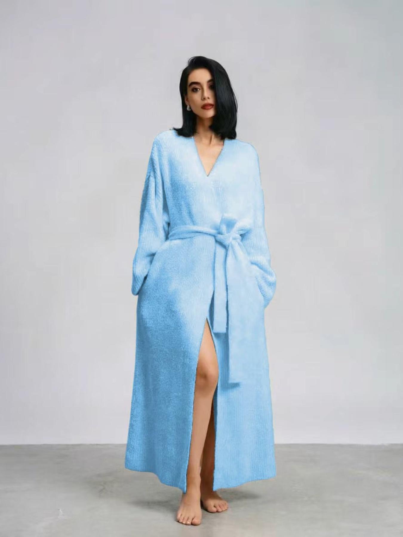 【COZY Soft Plush Feel】Women's Solid Color Thickened Thermal Lined Long Sleeve Drop Shoulder Bathrobe, Oversize Loose Casual Soft Comfortable Thermal Warm Pocket Belted V Neck Dressing Gown for Women, Ladies Sleepwear for Winter 【COZY Soft Plush Feel】Women's Solid Color Thickened Thermal Lined Long Sleeve Drop Shoulder Bathrobe, Oversize Loose Casual Soft Comfortable Thermal Warm Pocket Belted V Neck Dressing Gown for Women, Ladies Sleepwear for Winter
