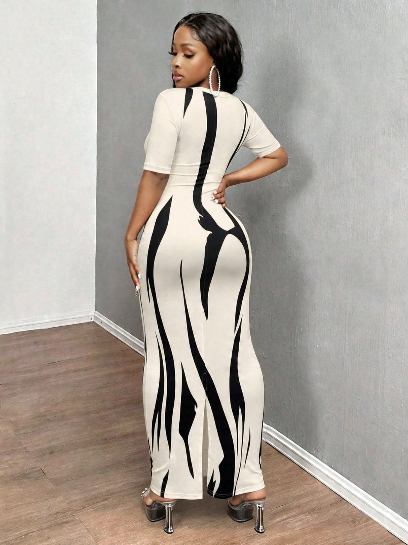 Women's Fashion Slim-Fit Bodycon Cut Printed Unlined Short-Sleeve Long Dress, Elegant All-Over Print, All-Season Wear