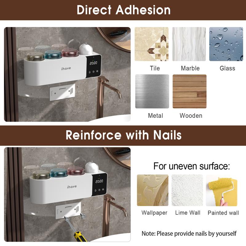 iHave Toothbrush Holders with UV Toothbrush Sanitizer & Aromatherapy Diffuser - Turbo Air Heated Drying, Night Light & Clock - Wall-Mounted Bathroom Organizer , Stylish Decor & Storage Home Goods Organizing