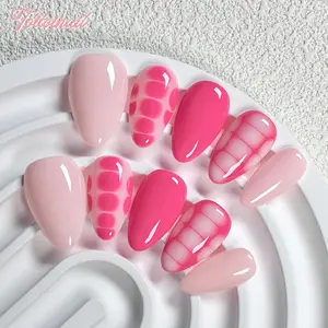Pink Light Handmade Press-On Nails, Fake Nails, Short Almond Shape, 10pcs, Edgy Y2K Pink & White Grid Design, Color Block Checkerboard Pattern, Reusable DIY Nail Kit for Women, Trendy Nails for Spring, Summer, Daily Wear, Cute Edgy Dopamine Y2K Look