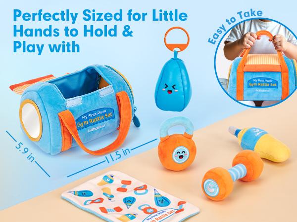 hahaland Plush Fitness Rattle Baby Toy Set: Sensory Workout Toy Collection with Dumbbell, Kettlebell, Hanging Punching Bag, Rattles, Crinkle Paper & Mirror ― Montessori Toys・Newborn Gifts for Boys & Girls Cloth Play