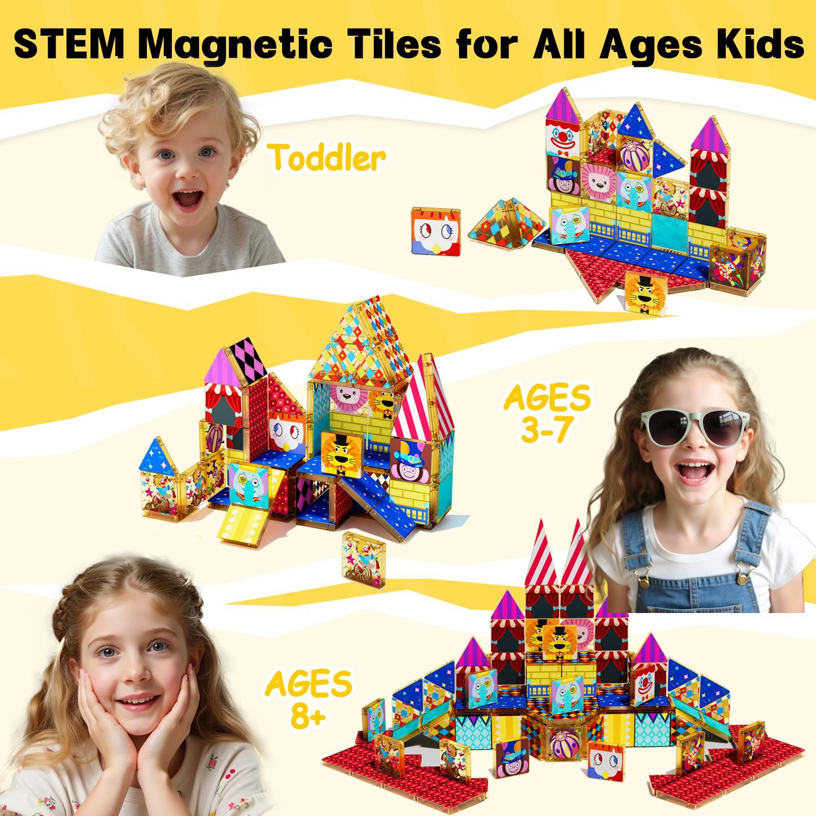 【New Sticker Set】60PCS,1.48inch Creative Sticker Magnetic Tiles,Circus Series，Magnet Building Blocks Cubes Construction Stacking Educational Assembly Toy Preschool STEM Play Creative Playboard for Toddler Kids Ages 3+,Kids Toys best gift
